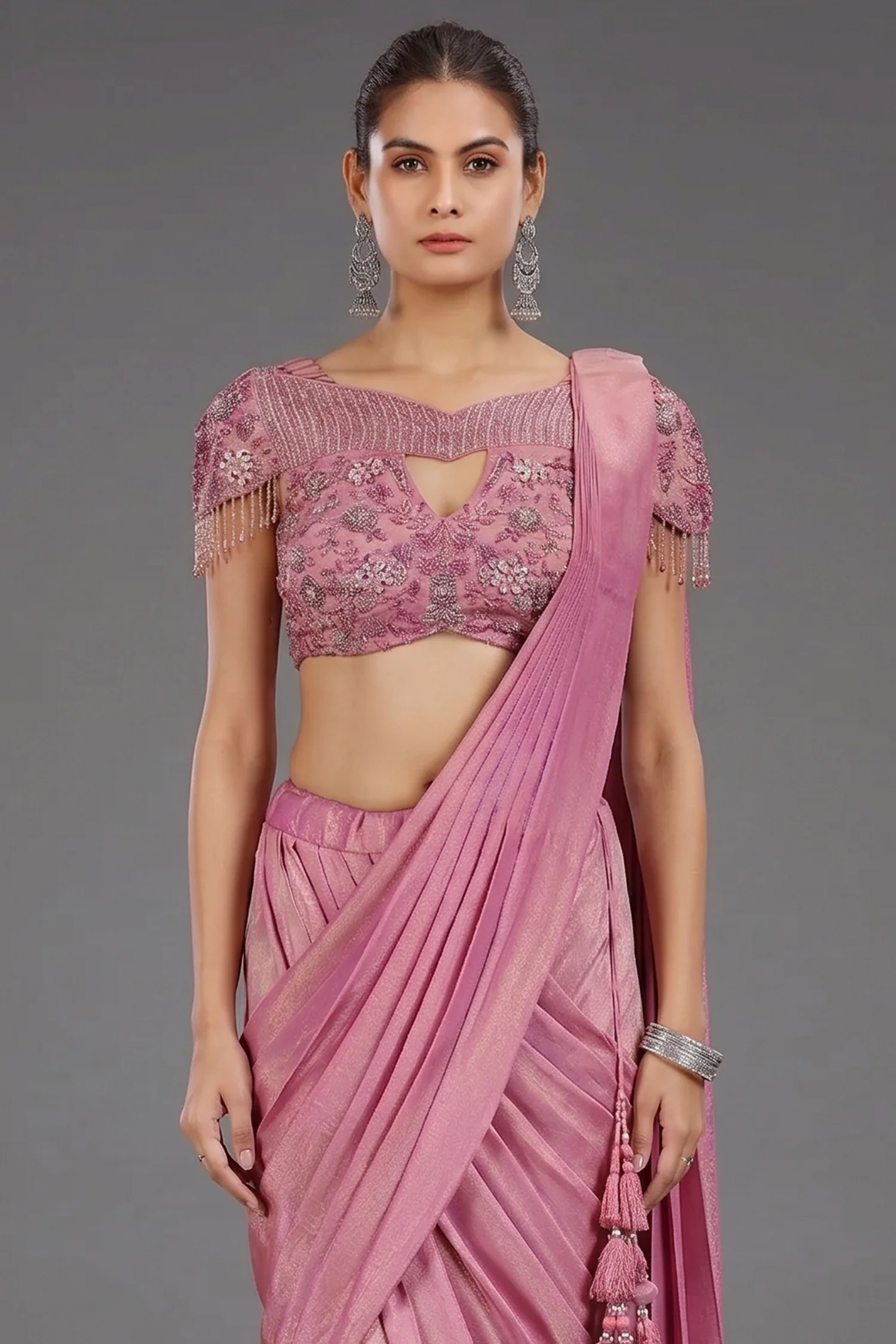Onion Pink Tissue Shimmer Ready to Wear Saree - Image 2