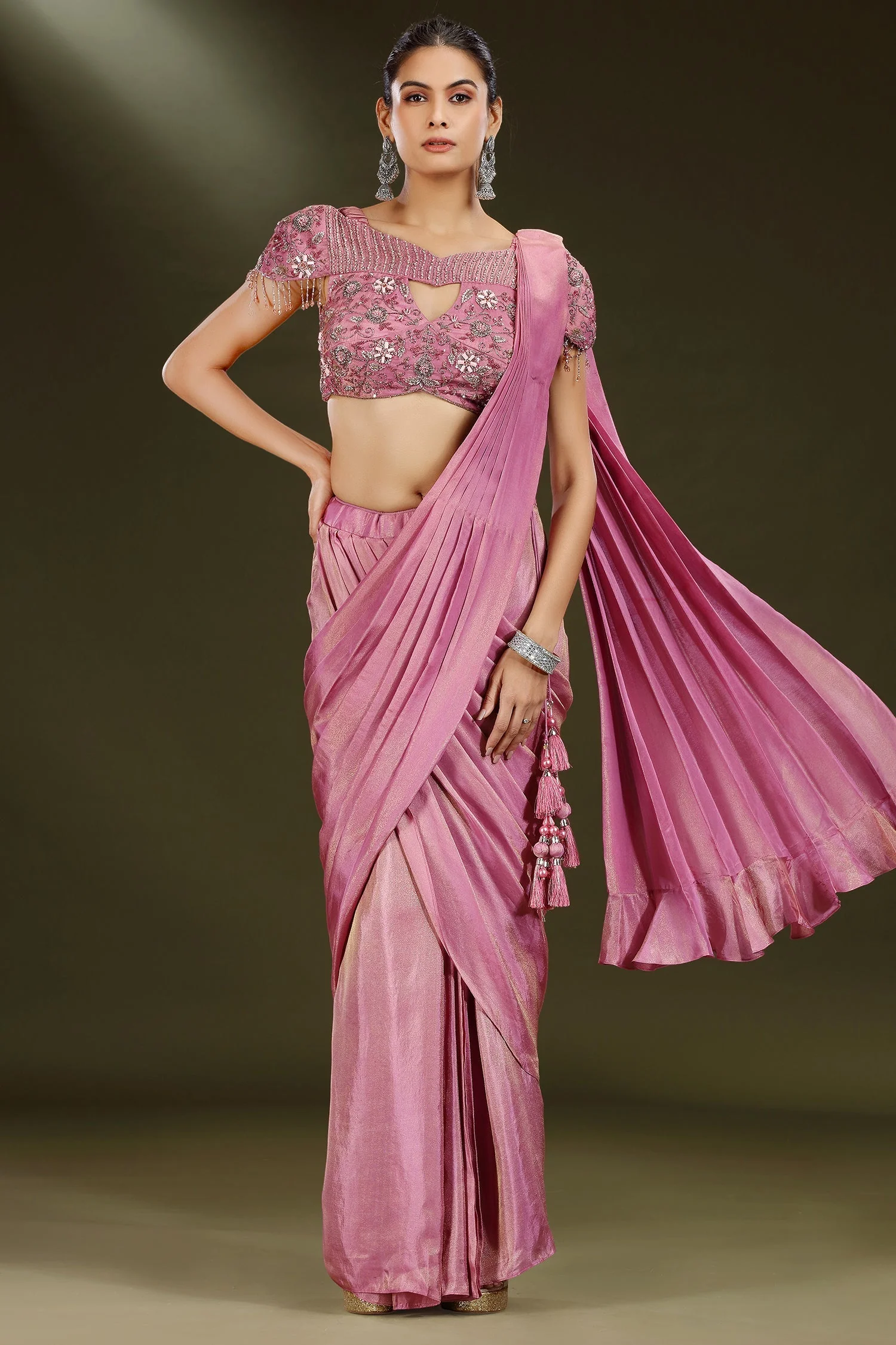Onion Pink Tissue Shimmer Ready to Wear Saree - Image 3