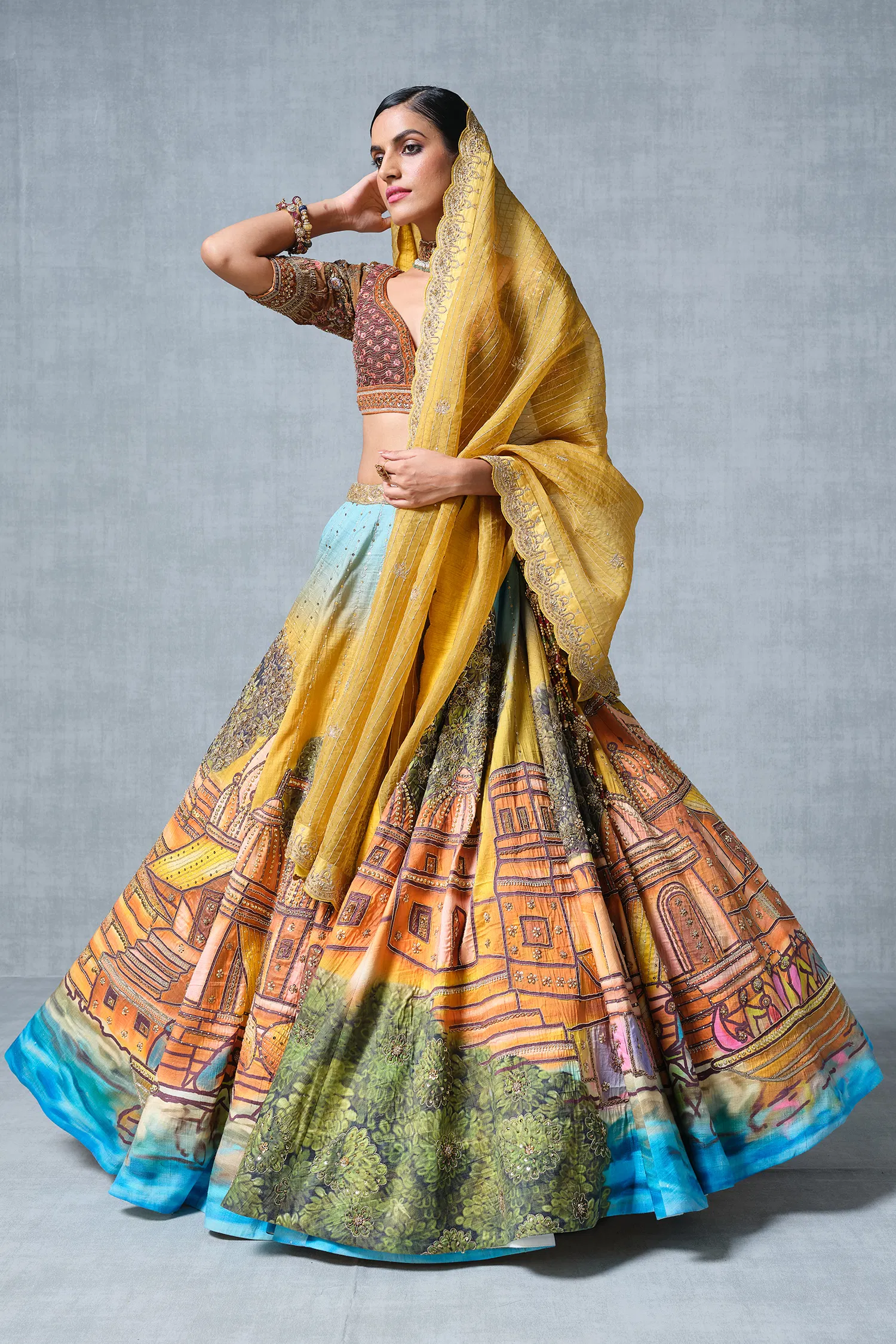 Orange and Yellow Banarasi Silk Hand Paint Ghat Inspired Lehenga - Image 2