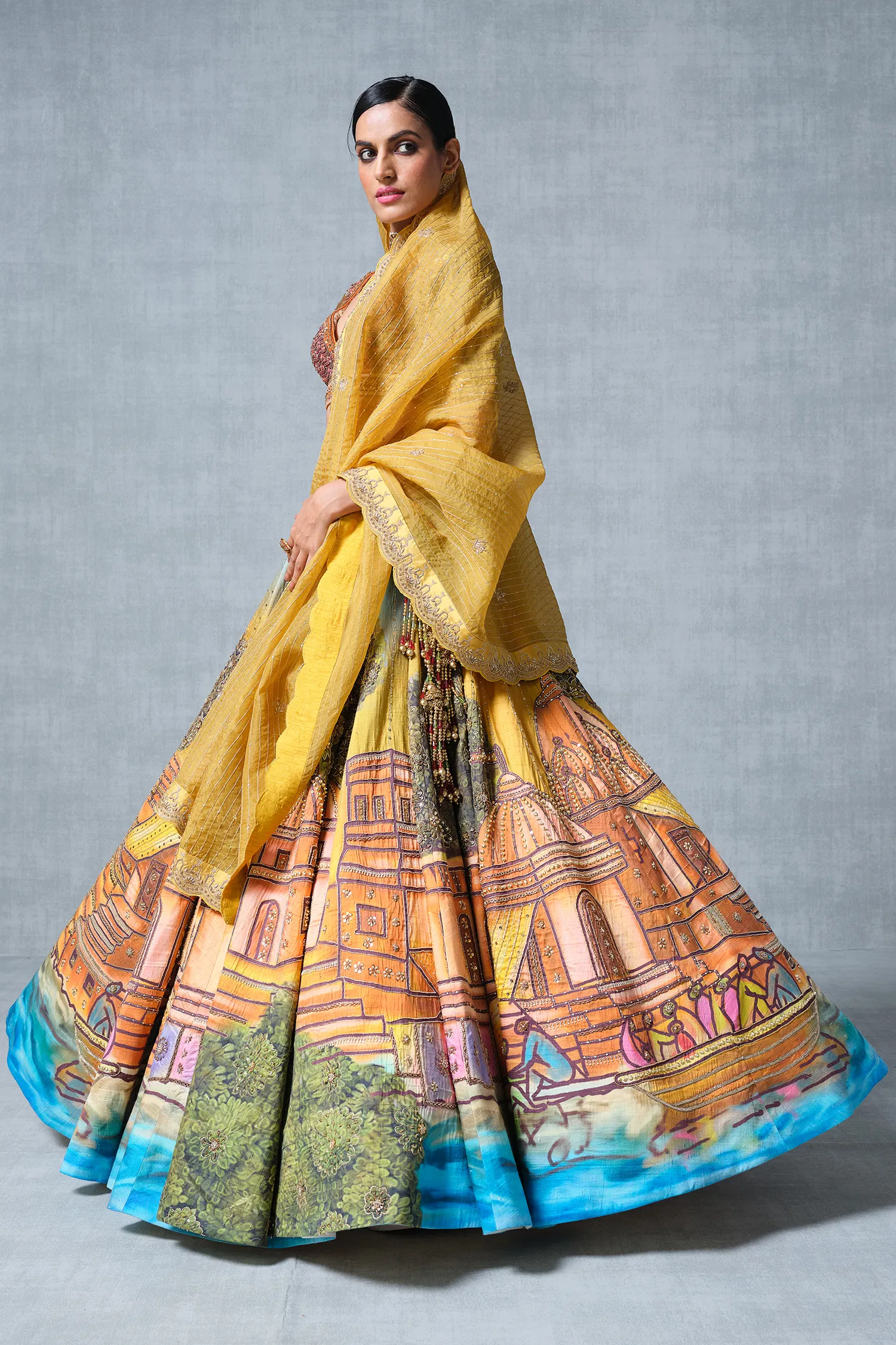 Orange and Yellow Banarasi Silk Hand Paint Ghat Inspired Lehenga - Image 3