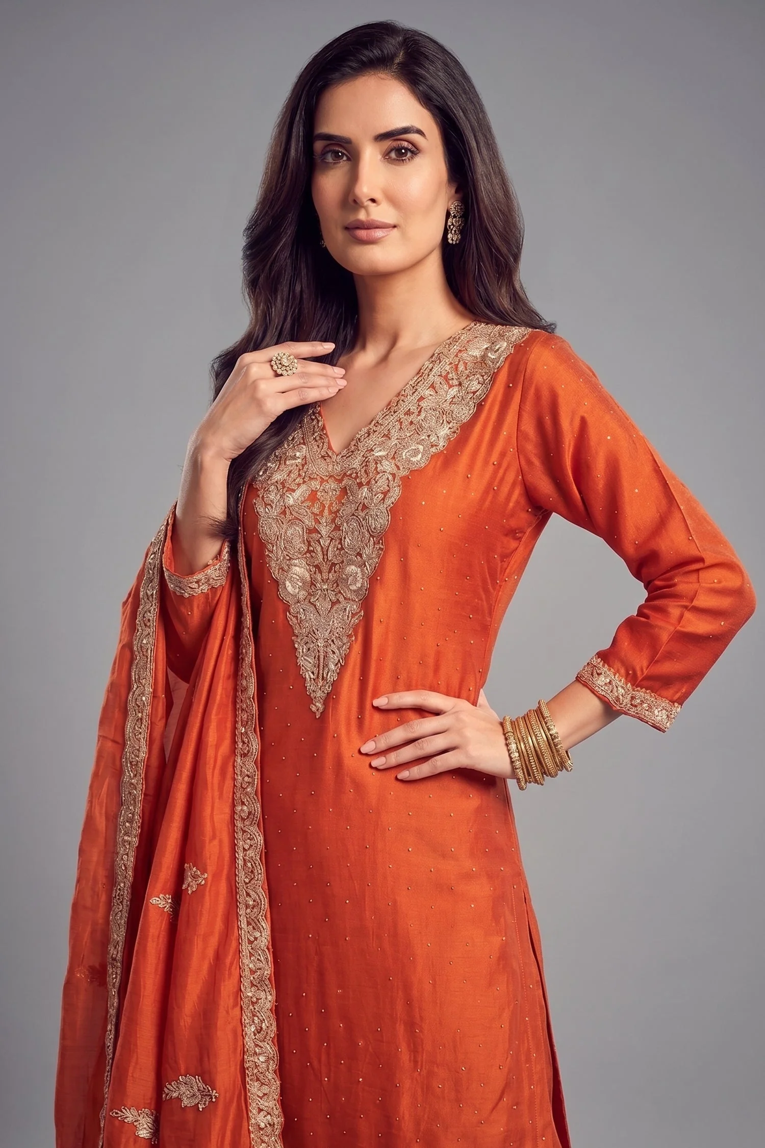 Orange Art Silk Floral Embroidered Palazzo Suit - Image 2