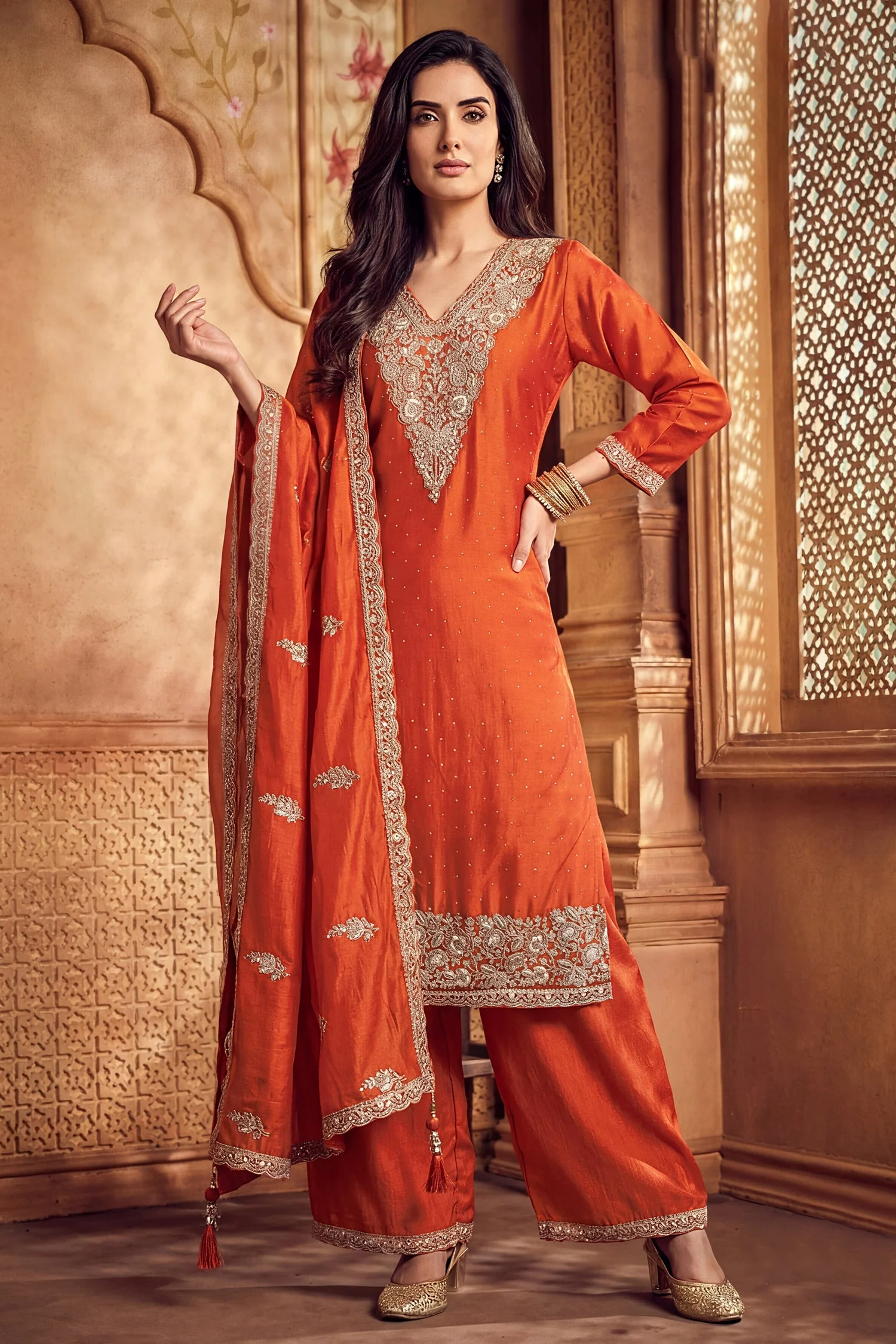 Orange Art Silk Floral Embroidered Palazzo Suit - Image 3