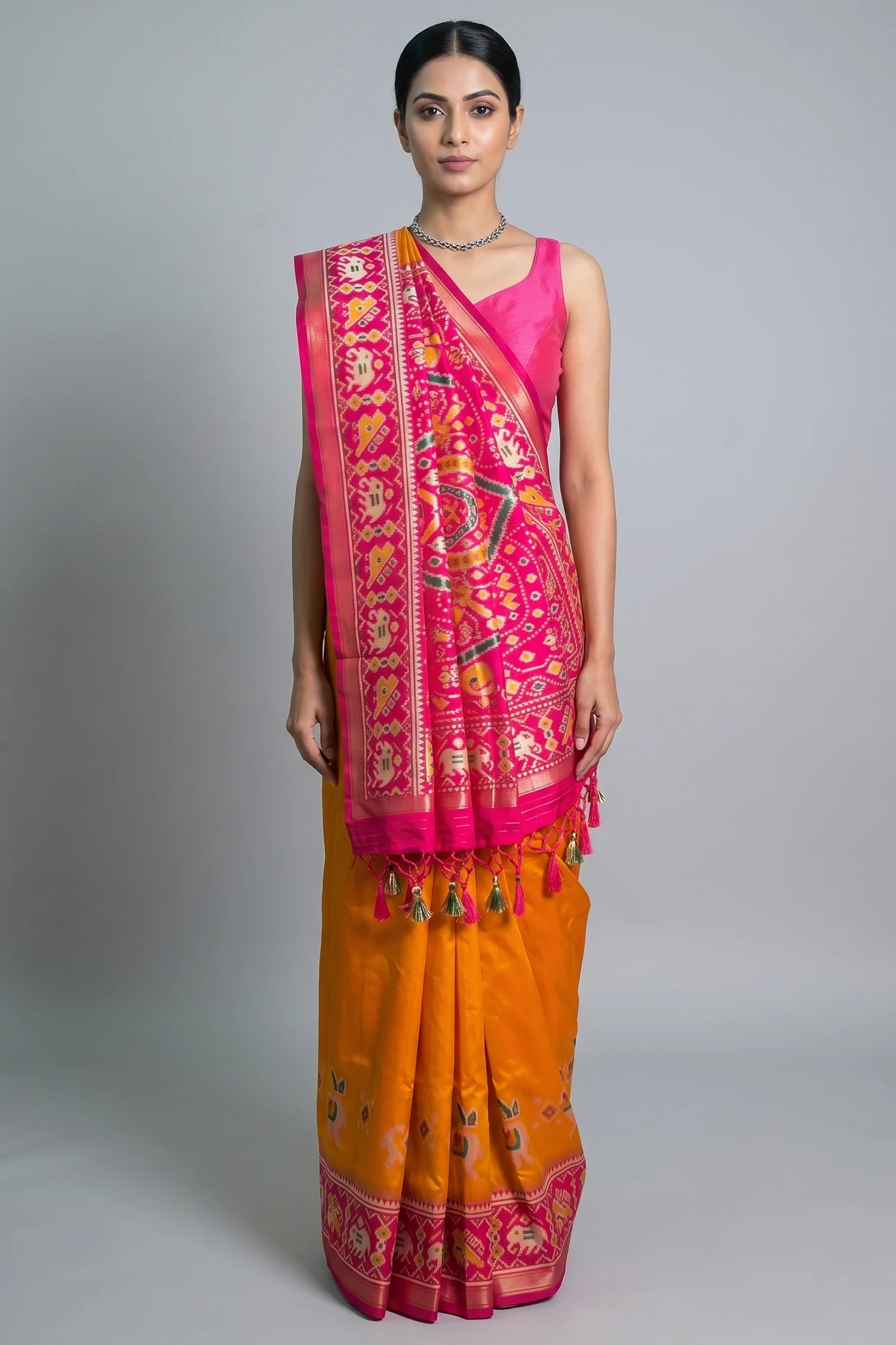 Orange Art Silk Saree with Patola Border and Contrast Pallu