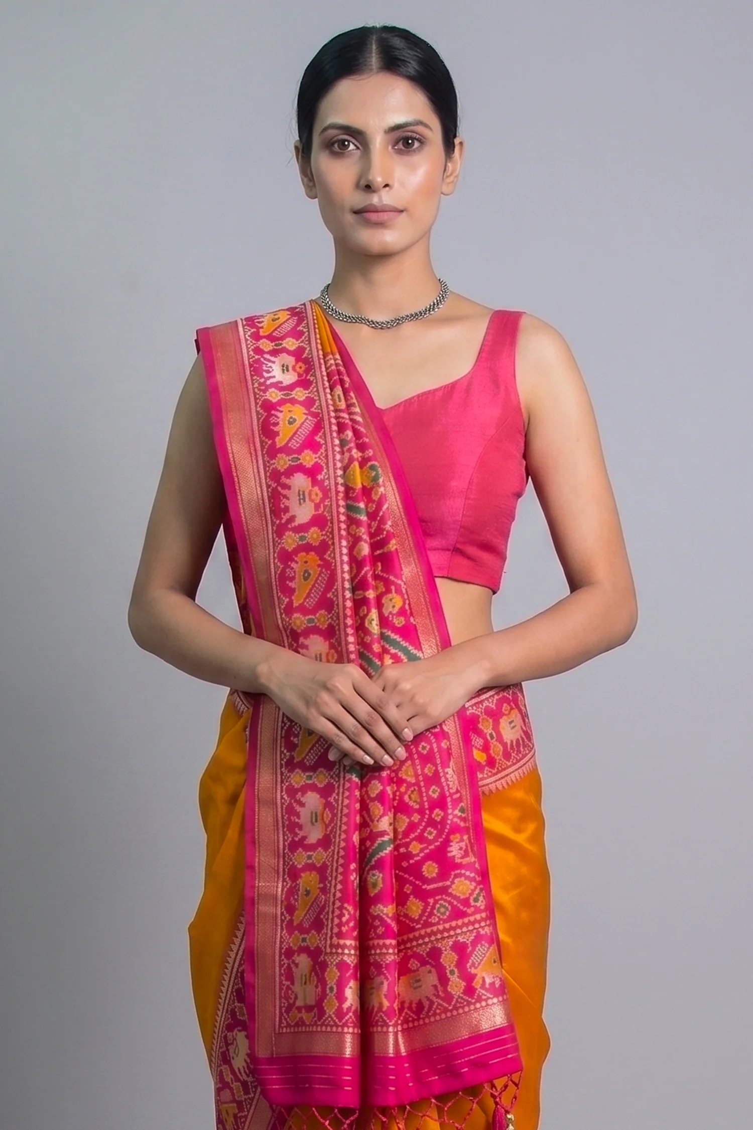 Orange Art Silk Saree with Patola Border and Contrast Pallu - Image 2