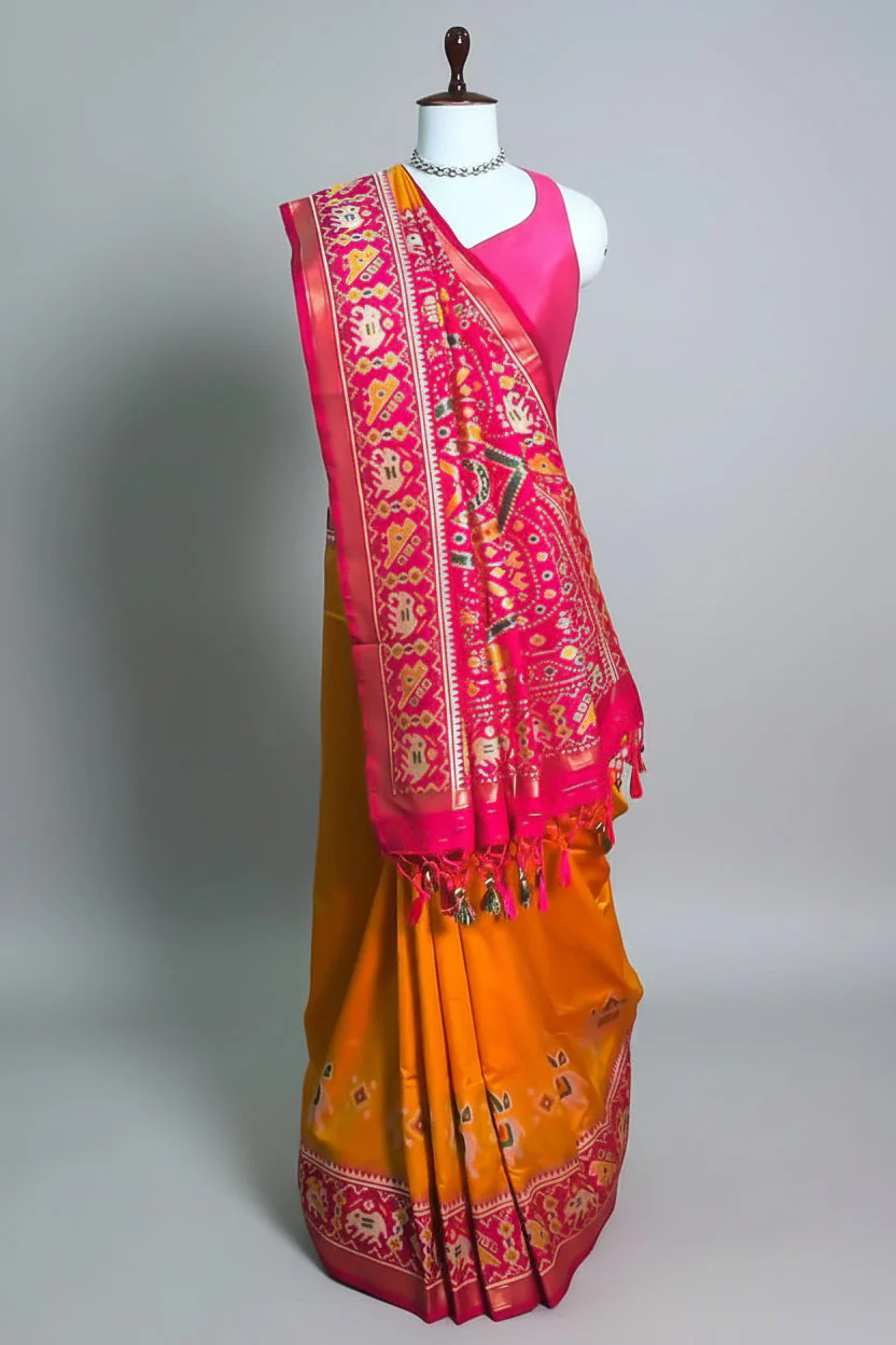 Orange Art Silk Saree with Patola Border and Contrast Pallu - Image 3