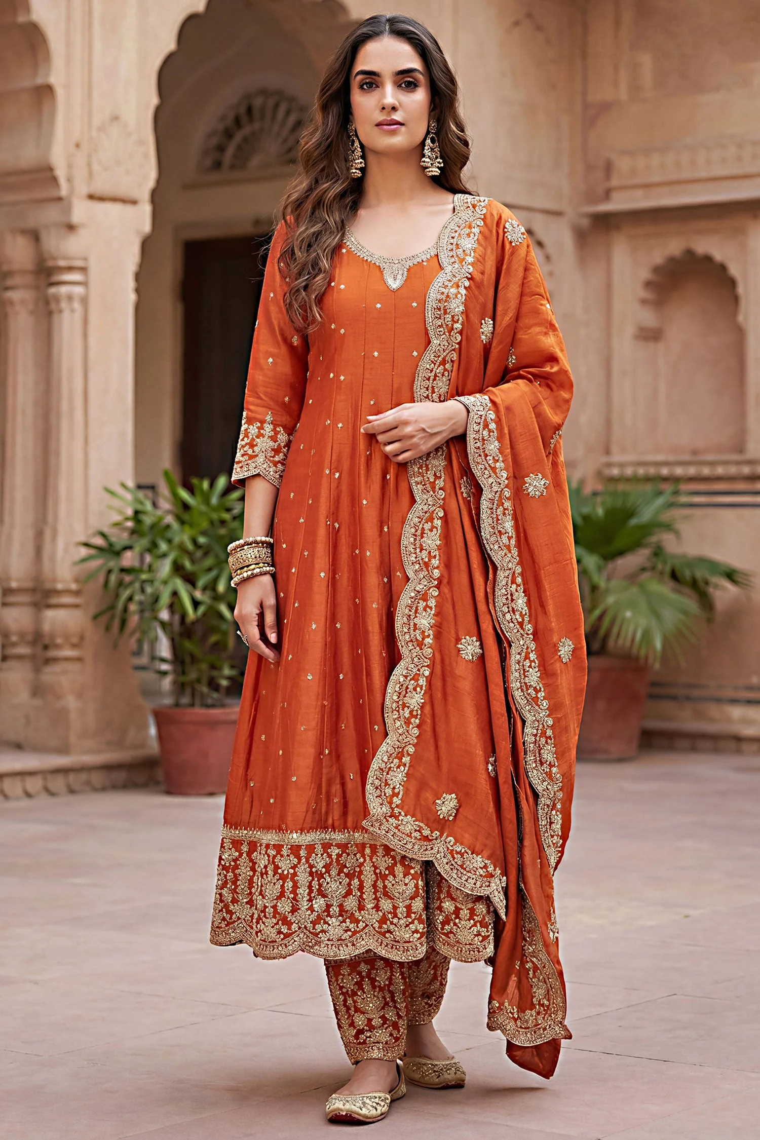 Orange Art Silk Sequin Embroidered Anarkali Suit with Scallop Border - Image 2