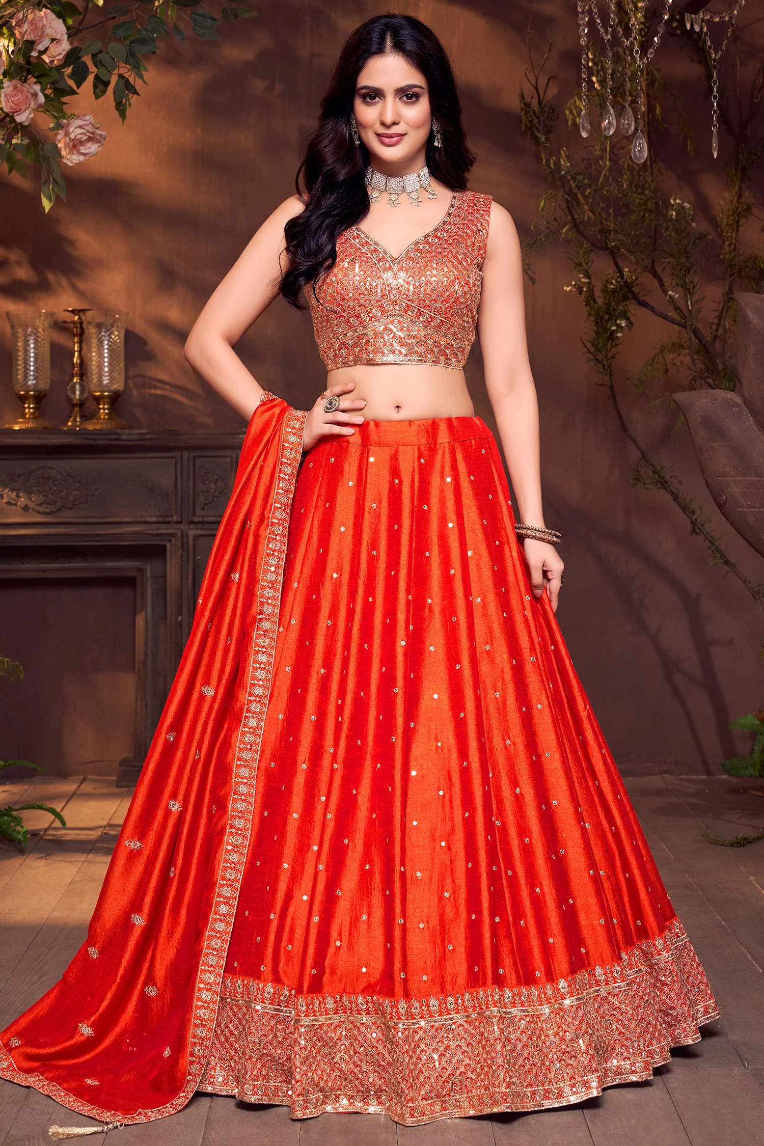 Orange Art Silk Sequin Embroidered Lehenga - Image 3
