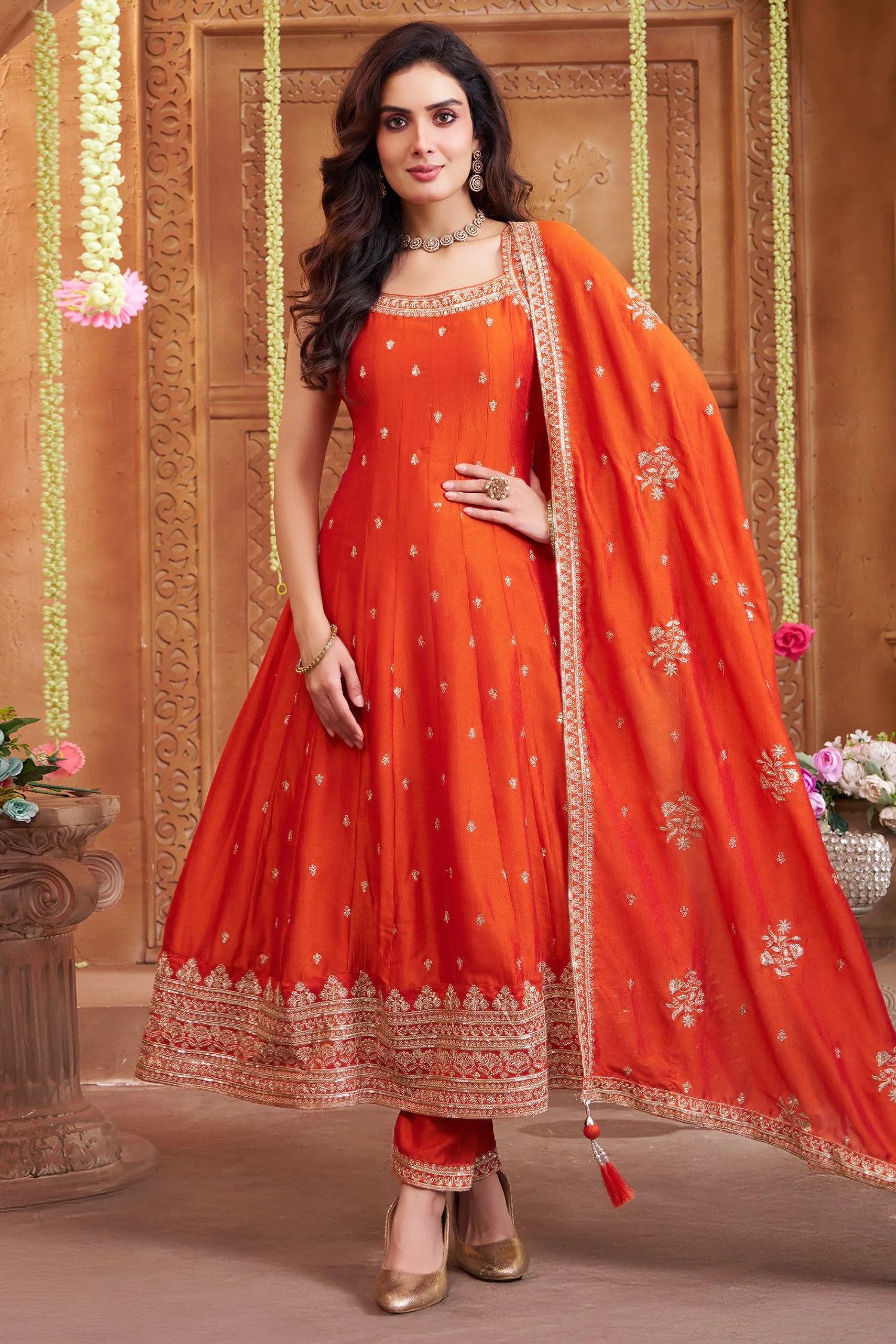Orange Art Silk Sequin Embroidered Suit - Image 2