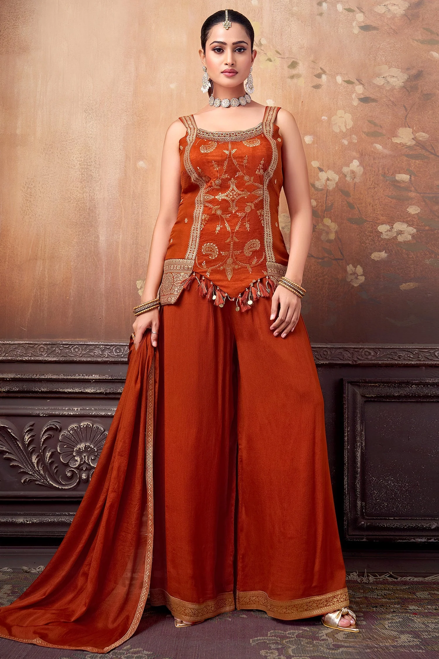 Orange Art Silk Woven Palazzo Suit - Image 3
