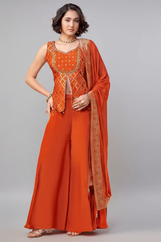 Orange Art Silk Woven Slit Cut Palazzo Suit