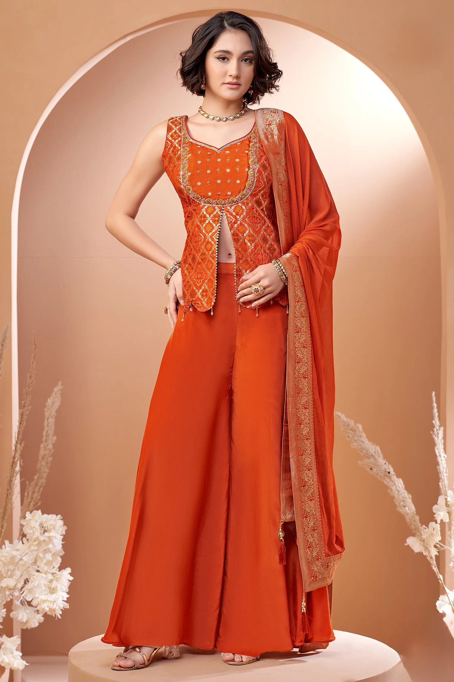 Orange Art Silk Woven Slit Cut Palazzo Suit - Image 2