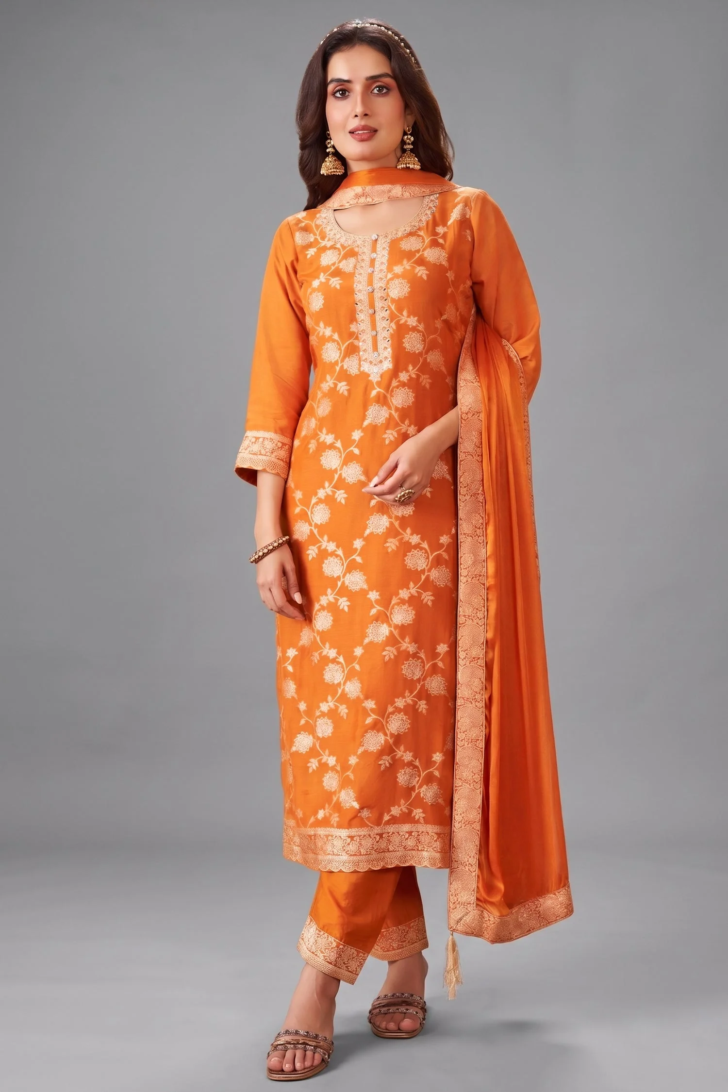 Orange Art Silk Woven Straight Cut Suit