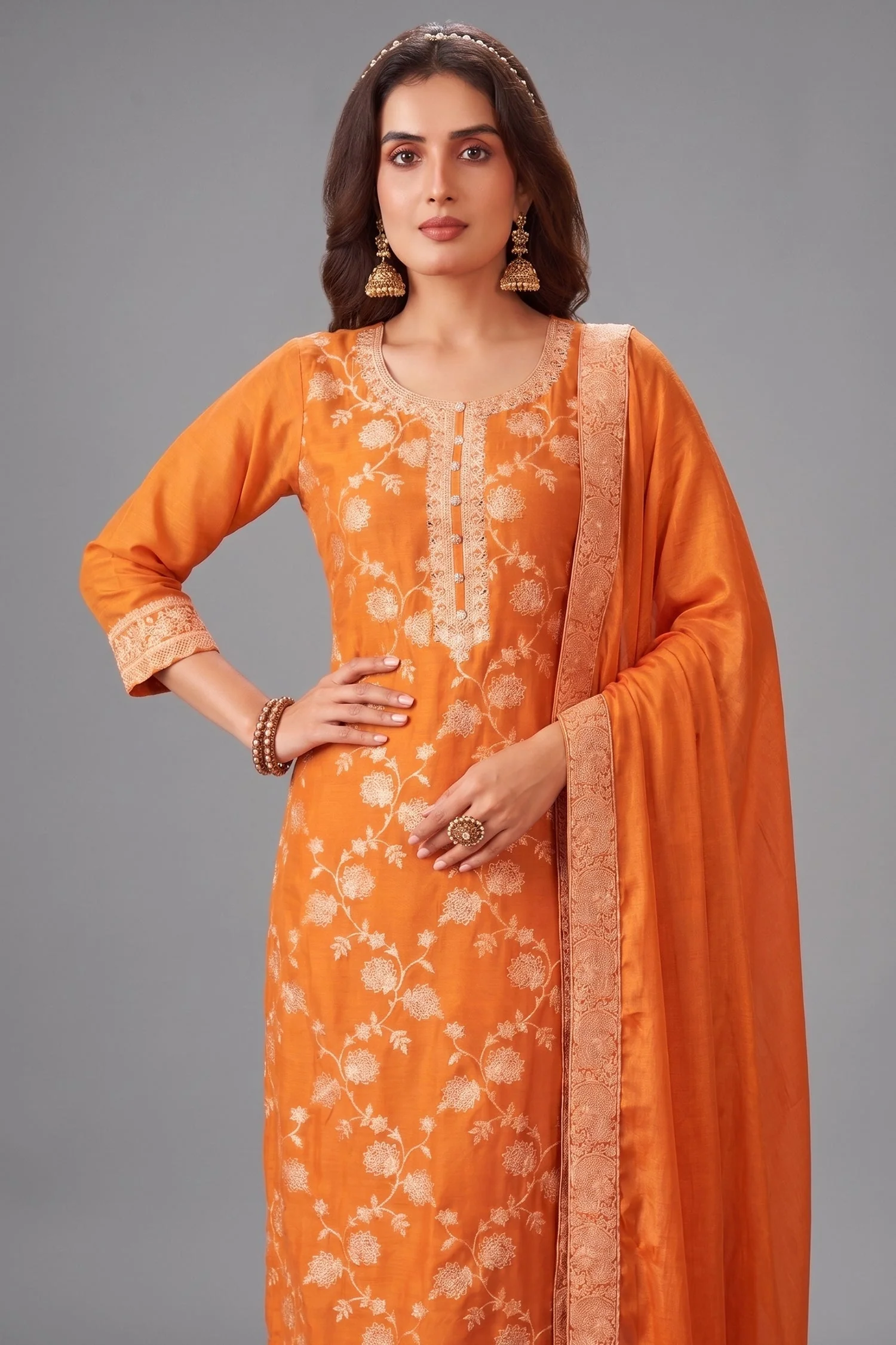 Orange Art Silk Woven Straight Cut Suit - Image 2