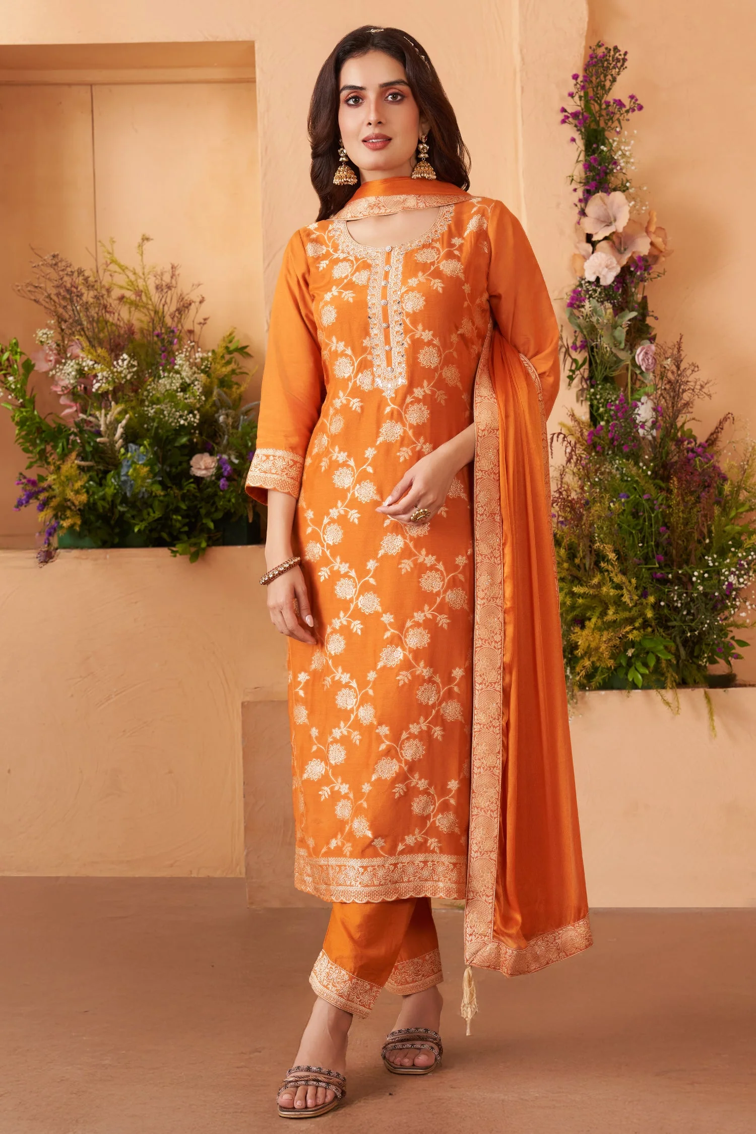 Orange Art Silk Woven Straight Cut Suit - Image 3
