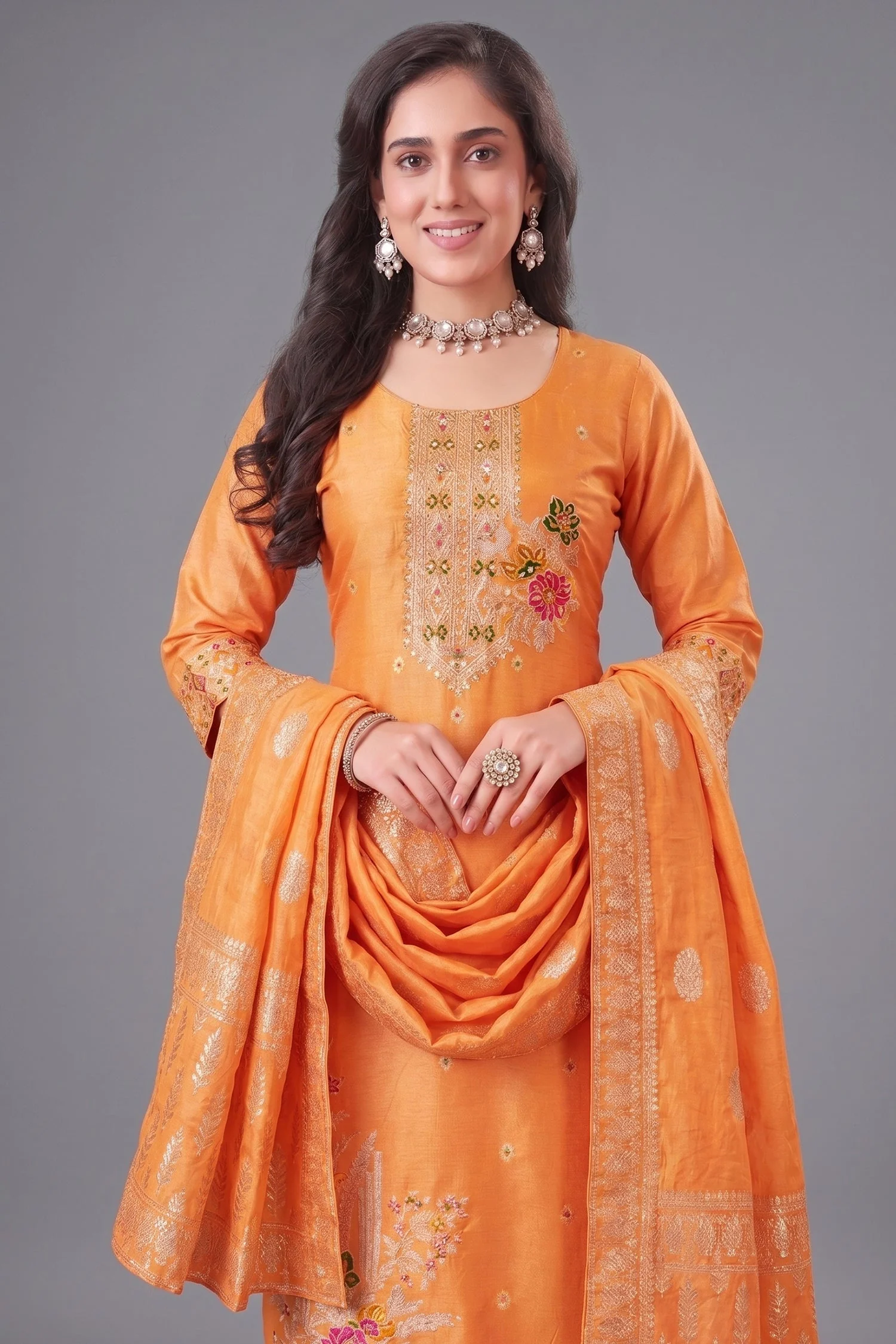 Orange Art Silk Woven Straight Cut Suit - Image 2