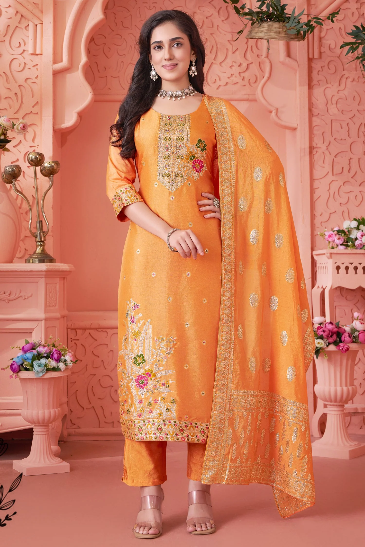 Orange Art Silk Woven Straight Cut Suit - Image 3