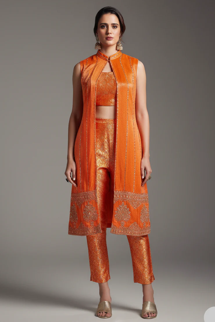 Orange Brocade Woven Crop Top Pant Set with Sequin Cutdana Work Jacket