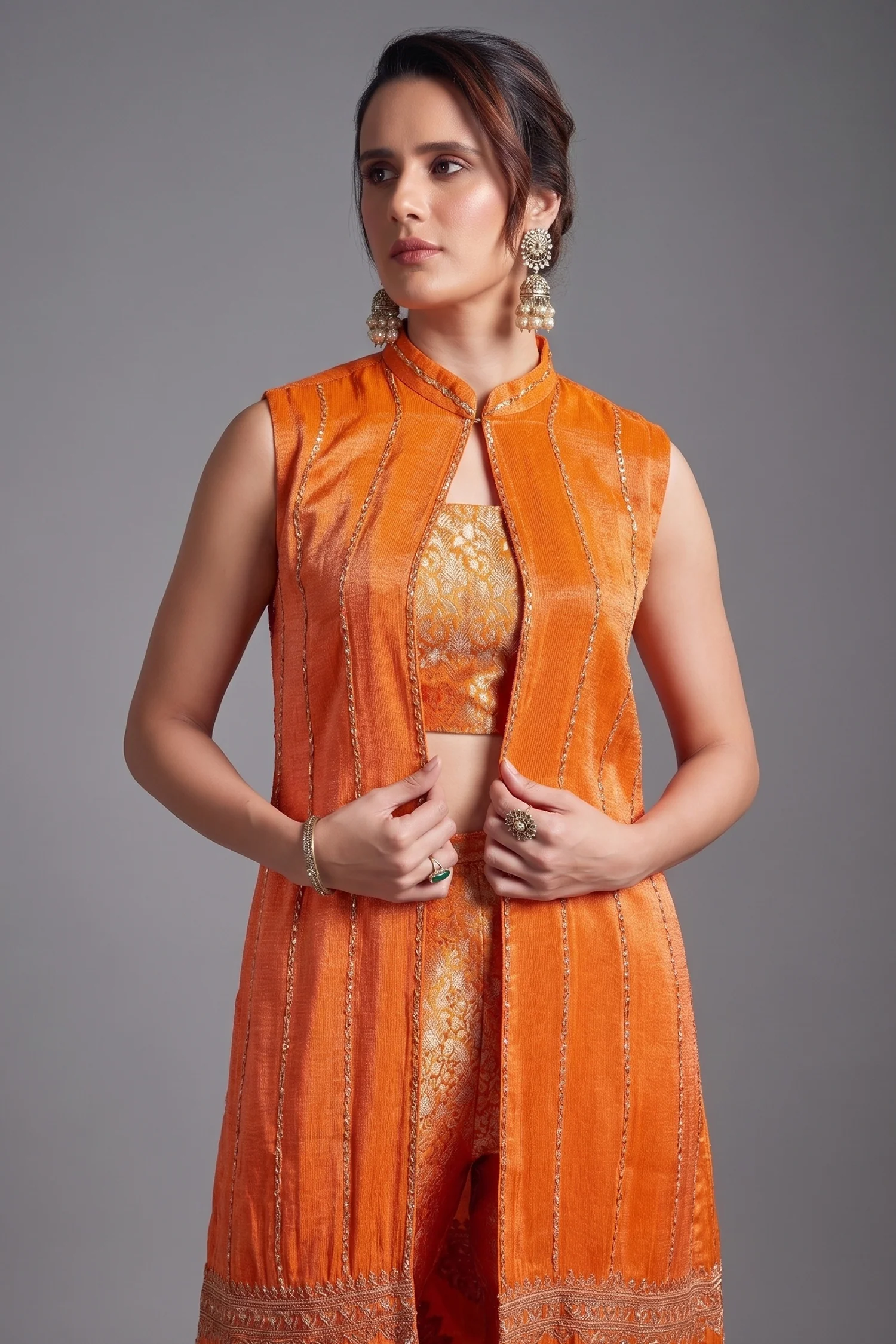 Orange Brocade Woven Crop Top Pant Set with Sequin Cutdana Work Jacket - Image 2