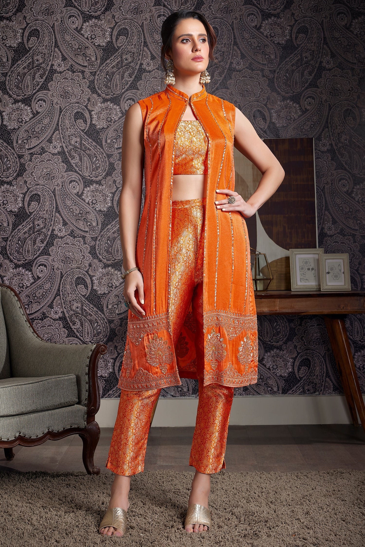 Orange Brocade Woven Crop Top Pant Set with Sequin Cutdana Work Jacket - Image 3