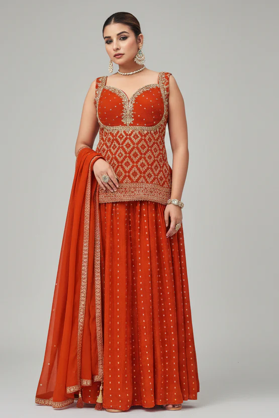 Orange Chinon Art Silk Woven Palazzo Suit