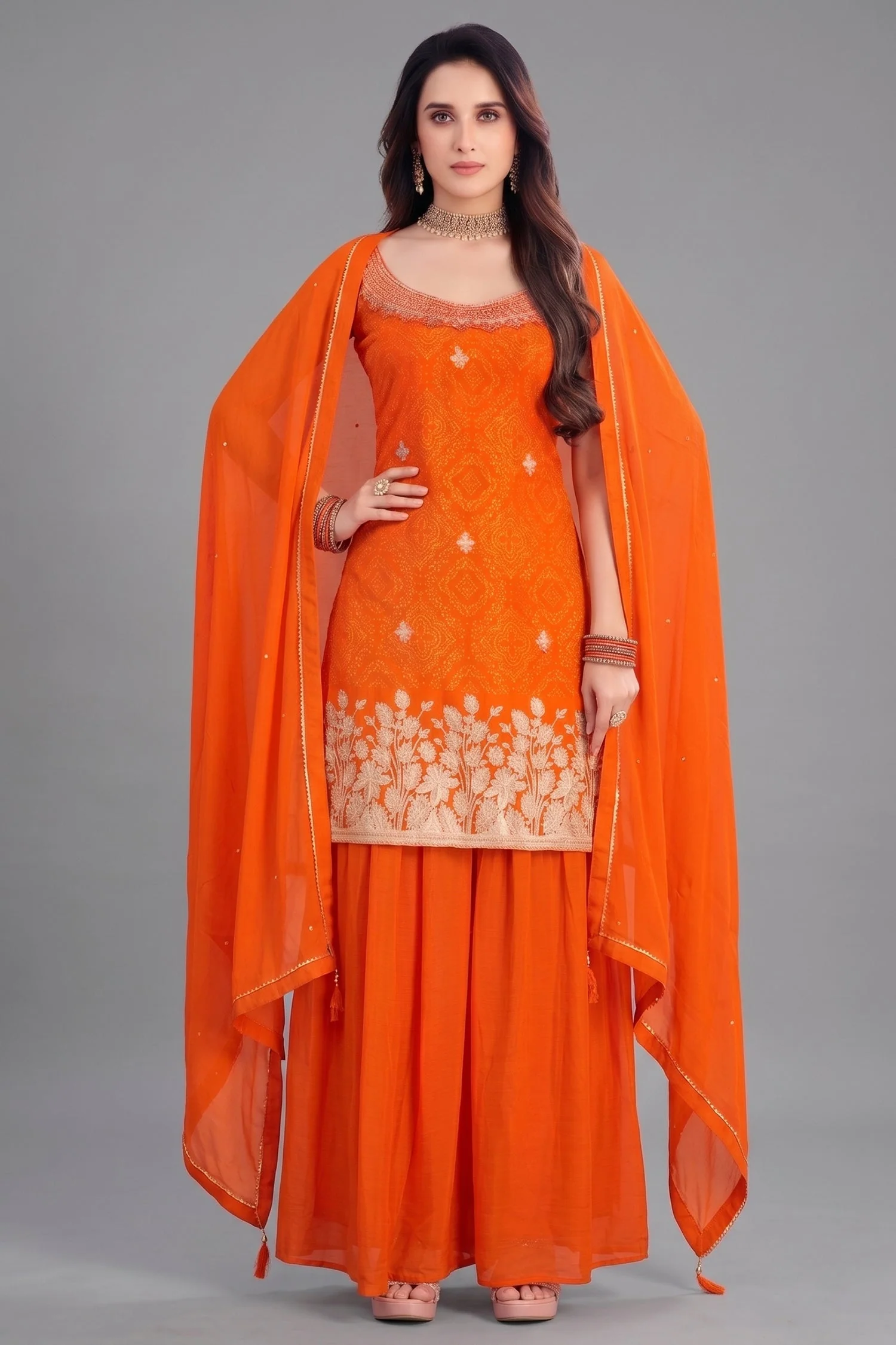 Orange Chinon Chiffon Printed Palazzo Suit with Gota Work