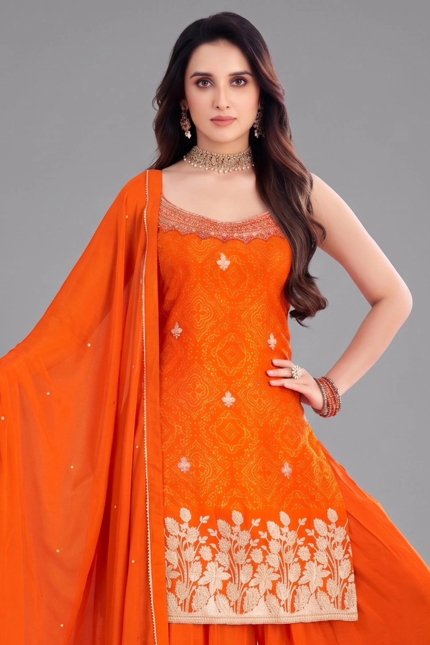 Orange Chinon Chiffon Printed Palazzo Suit with Gota Work - Image 2