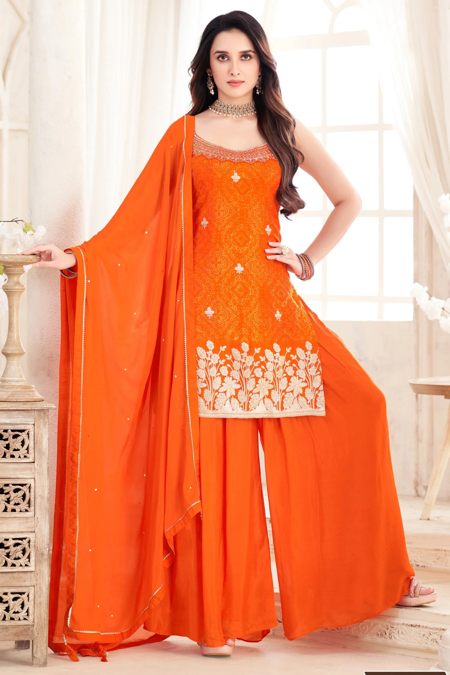 Orange Chinon Chiffon Printed Palazzo Suit with Gota Work - Image 3