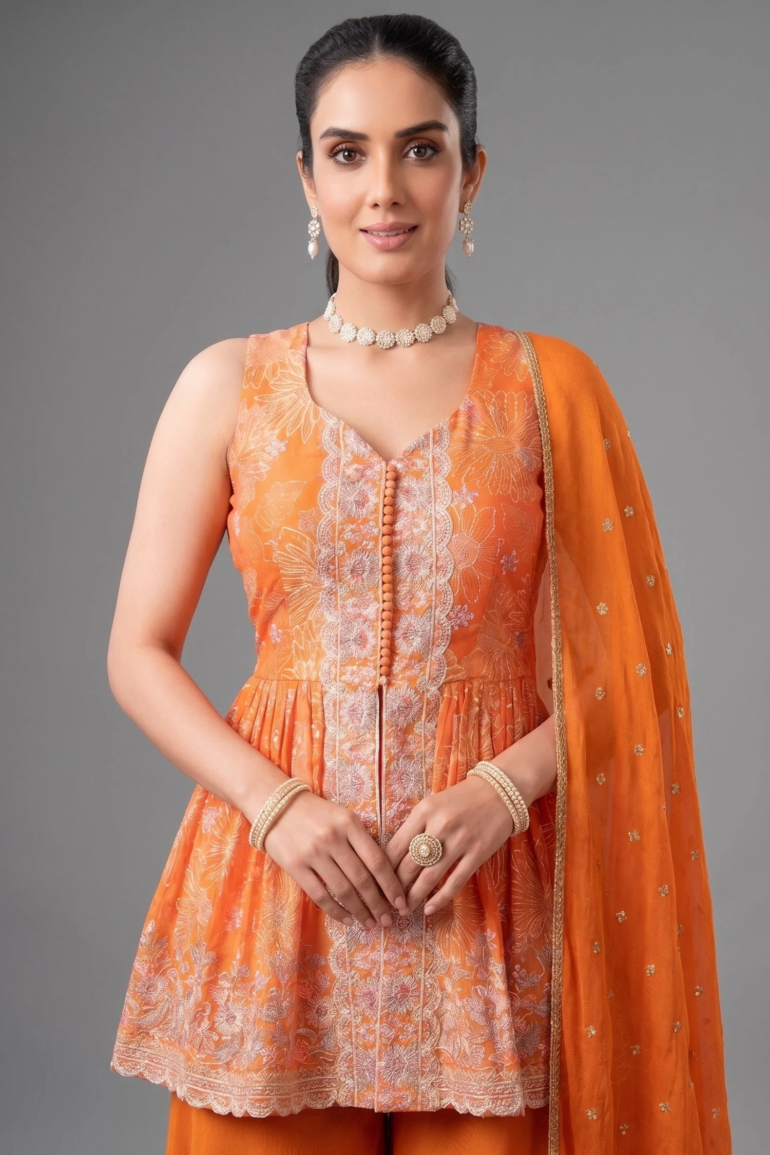 Orange Chinon Chiffon Silk Printed Peplum Palazzo Suit - Image 2