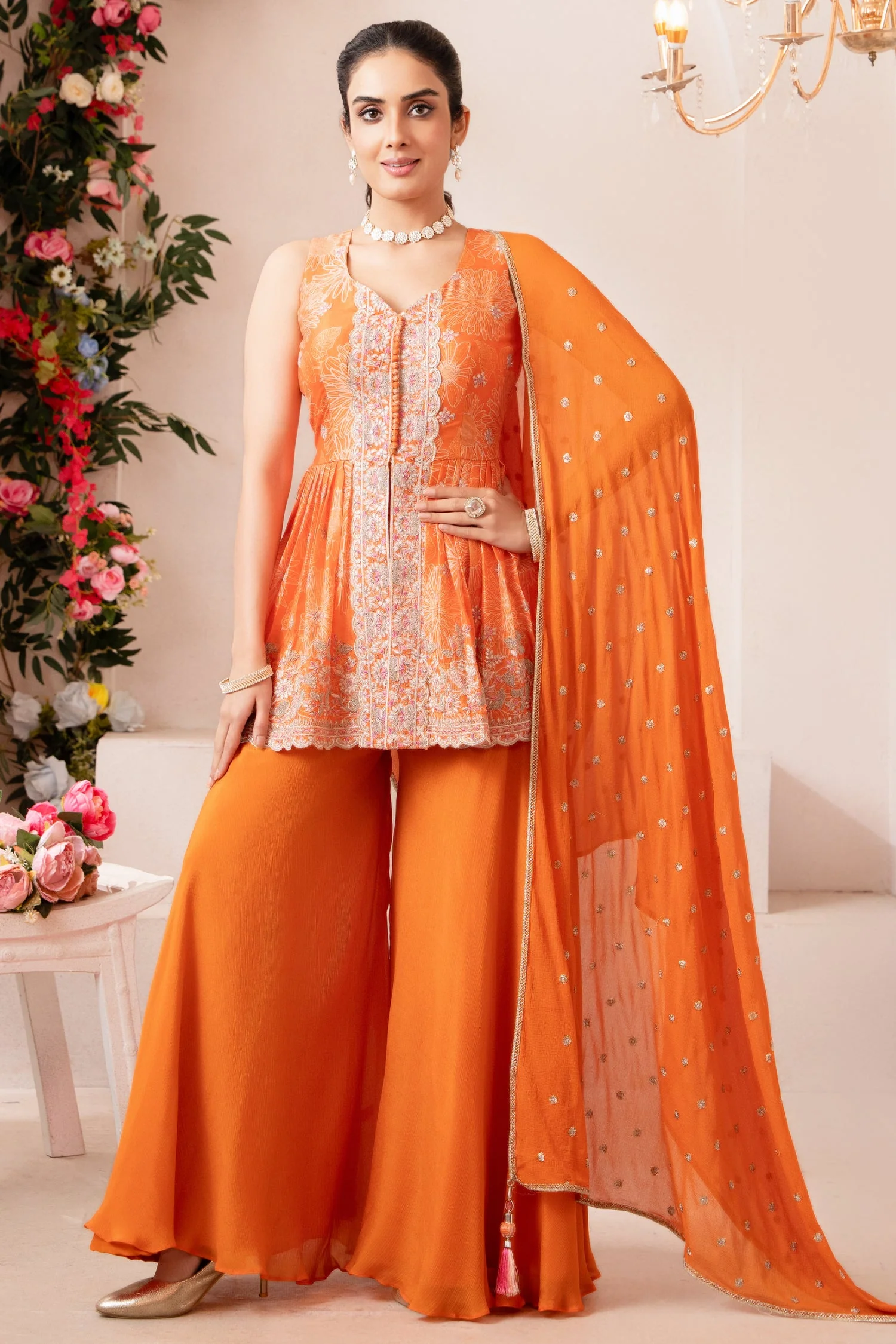 Orange Chinon Chiffon Silk Printed Peplum Palazzo Suit - Image 3