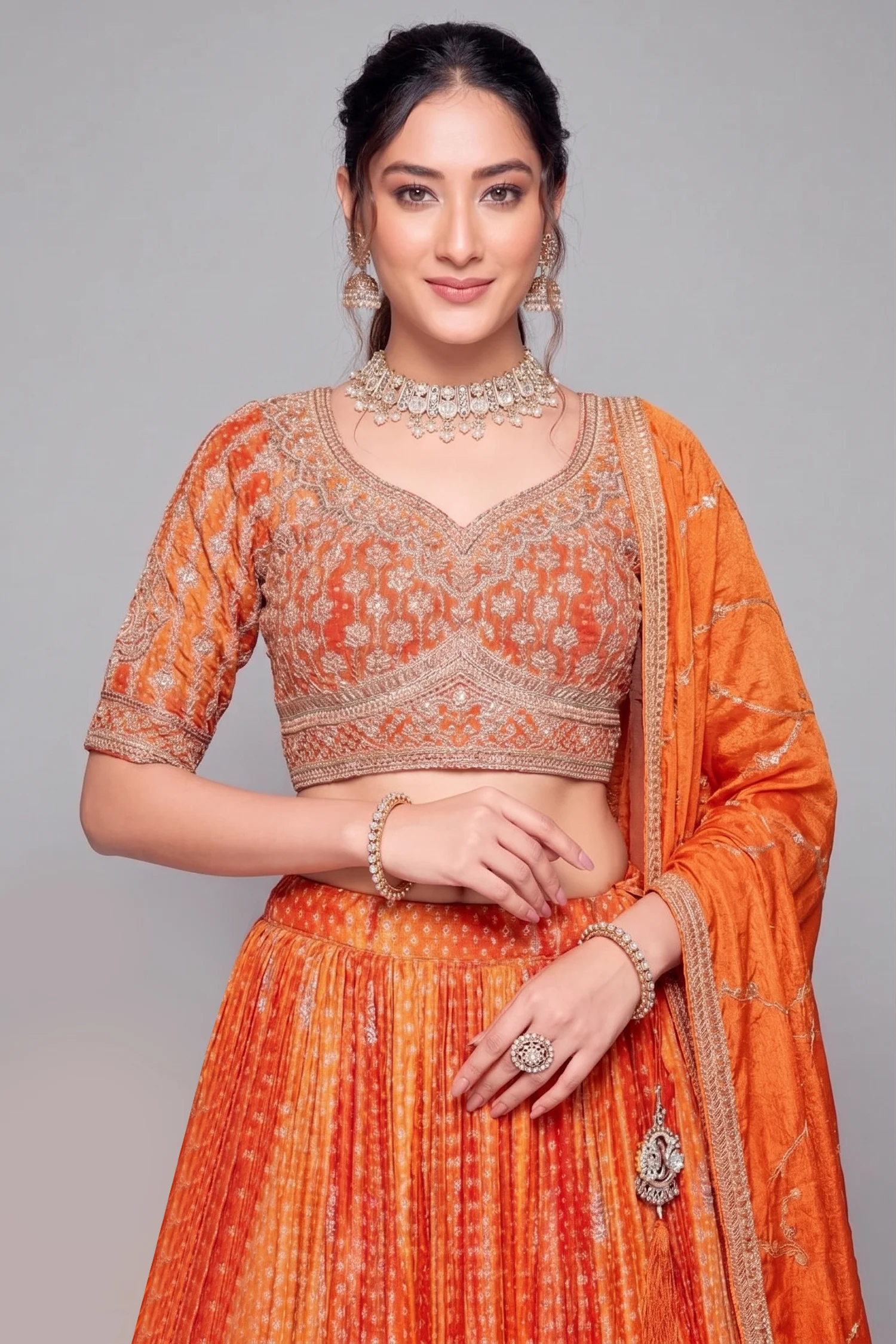 Orange Chinon Crepe Silk Bandhej Print Lehenga with Sequin Embroidery Work - Image 2