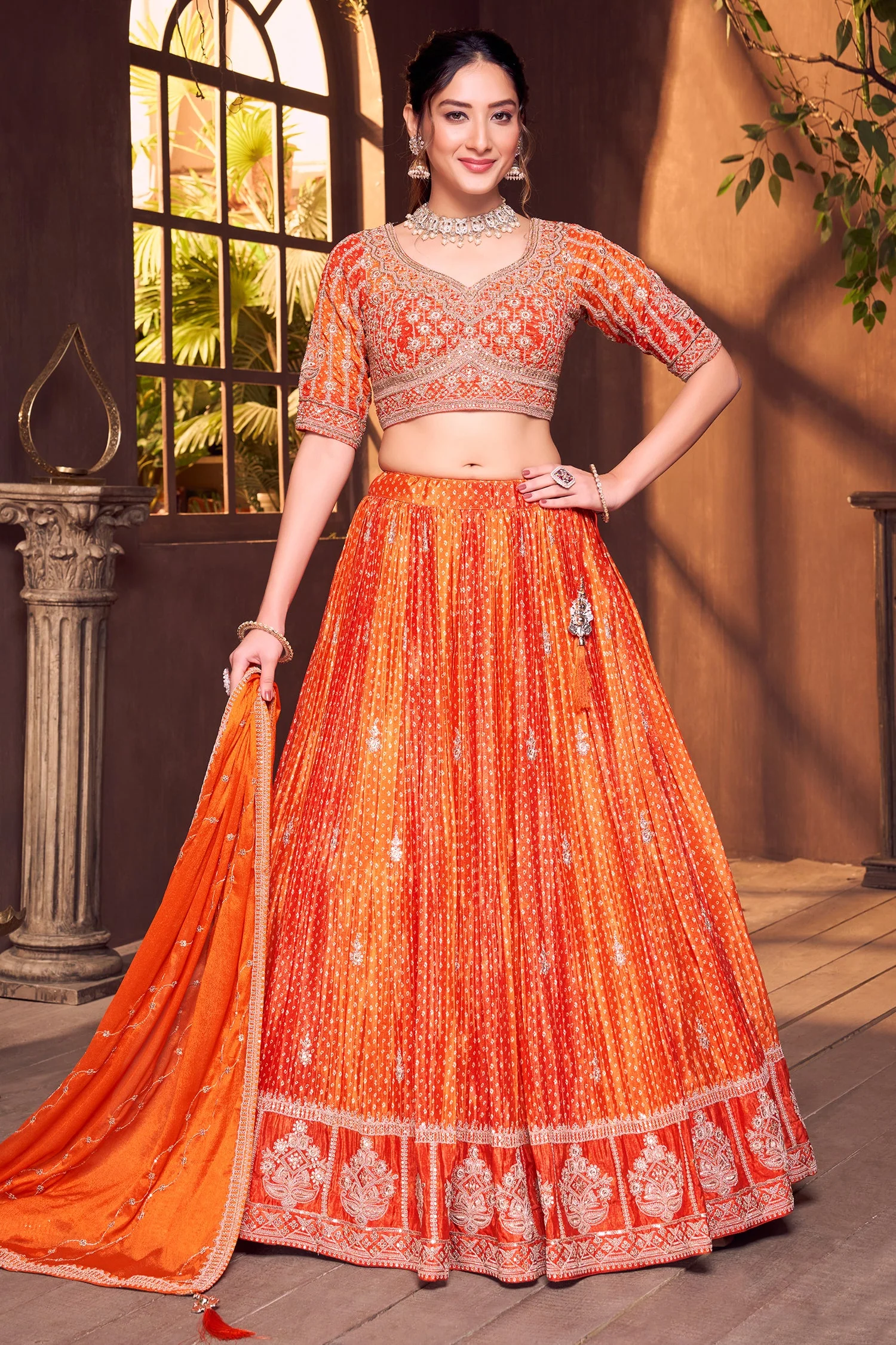 Orange Chinon Crepe Silk Bandhej Print Lehenga with Sequin Embroidery Work - Image 3