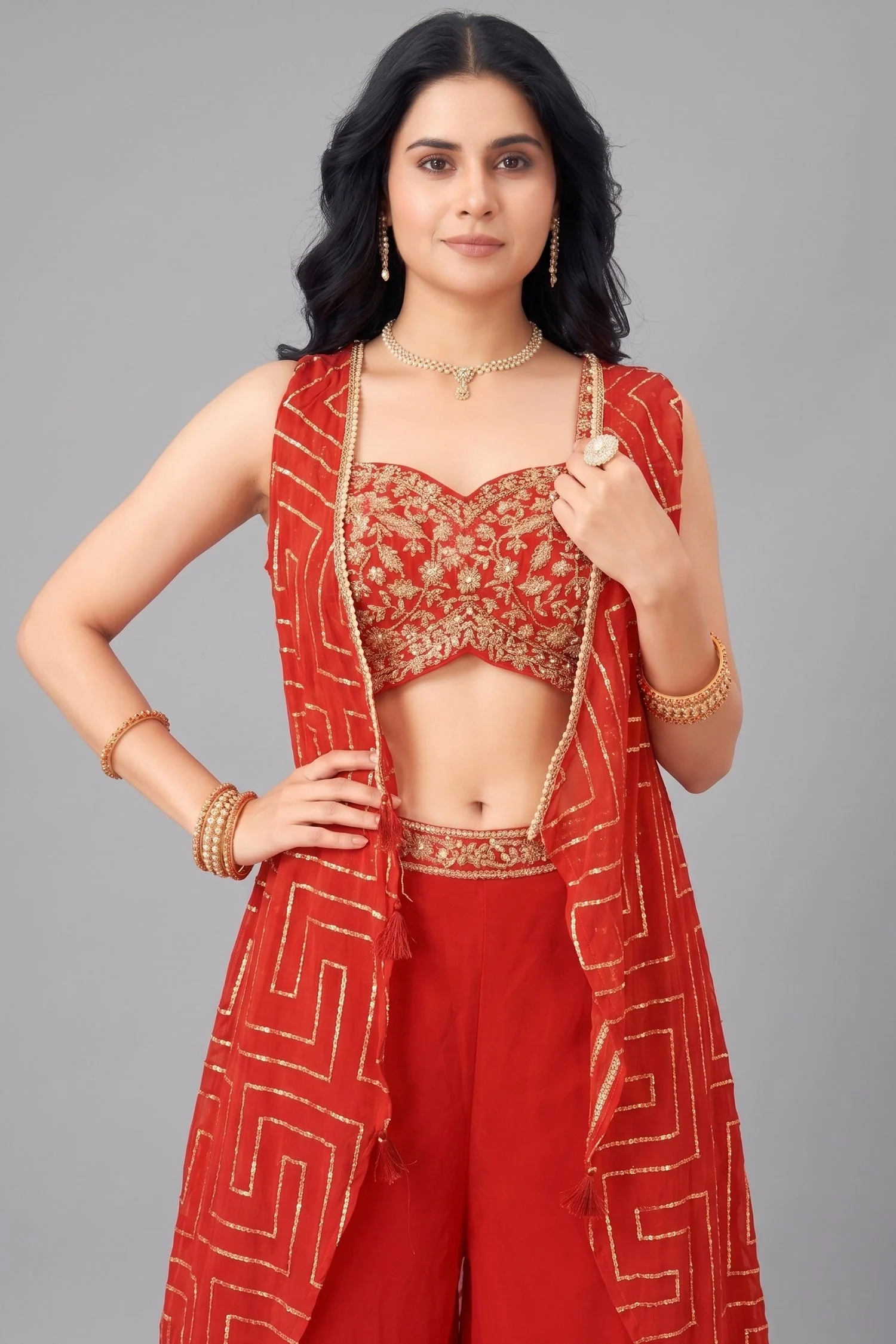 Orange Chinon Silk Crop Top Palazzo Set with Jacket - Image 2