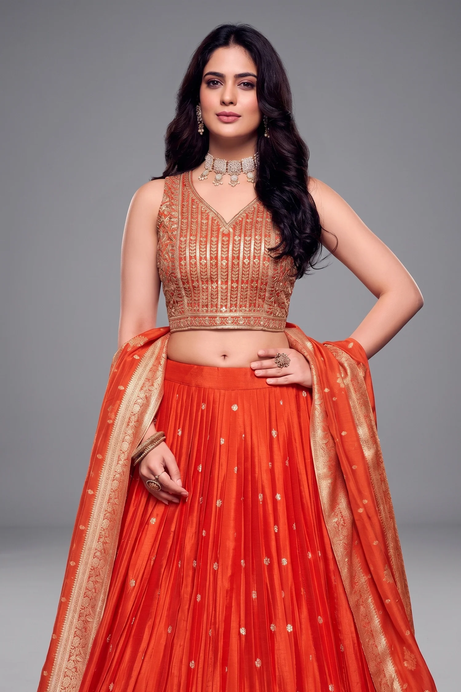 Orange Chinon Silk Sequin Embroidered Lehenga - Image 2