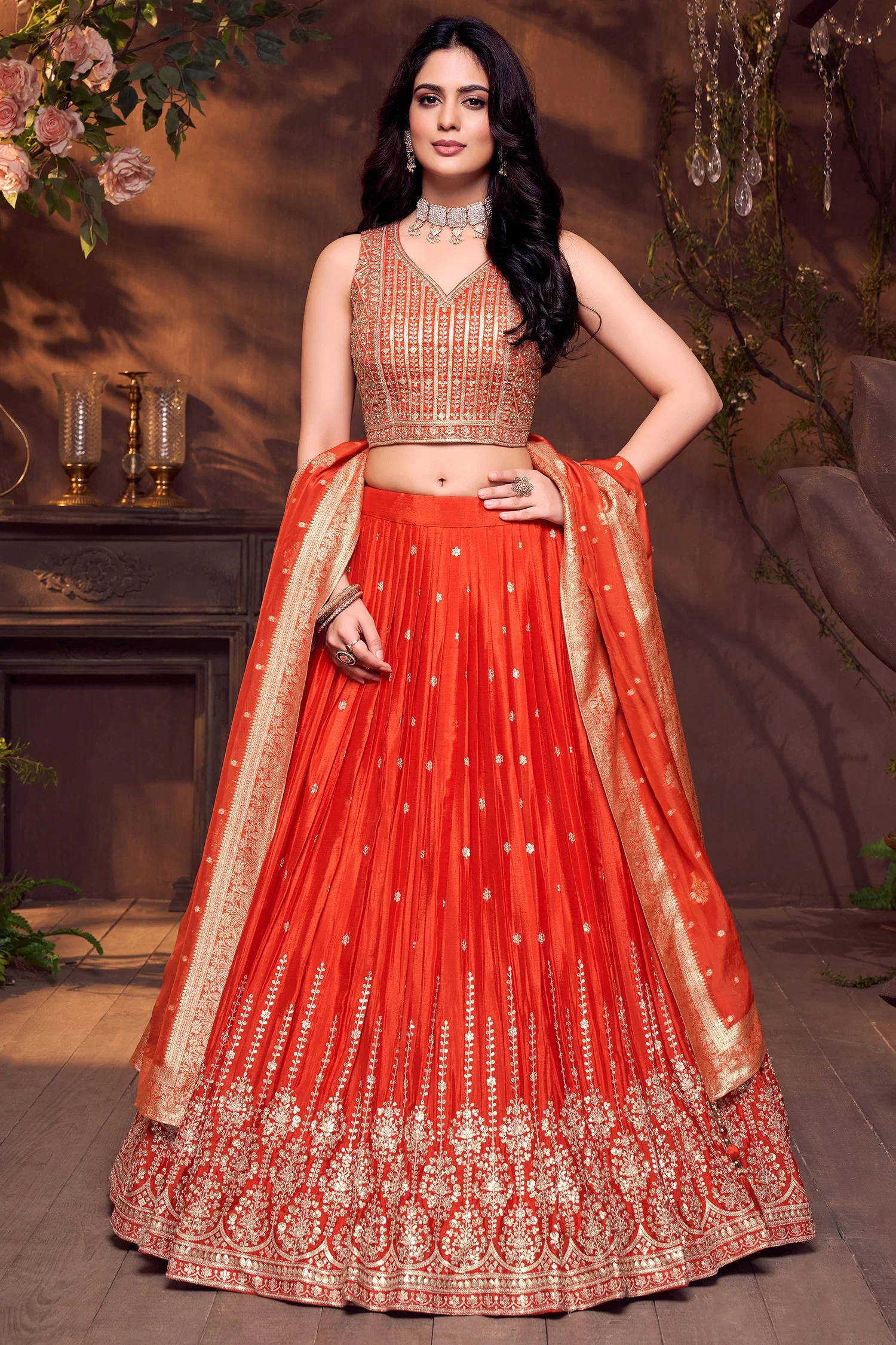 Orange Chinon Silk Sequin Embroidered Lehenga - Image 3
