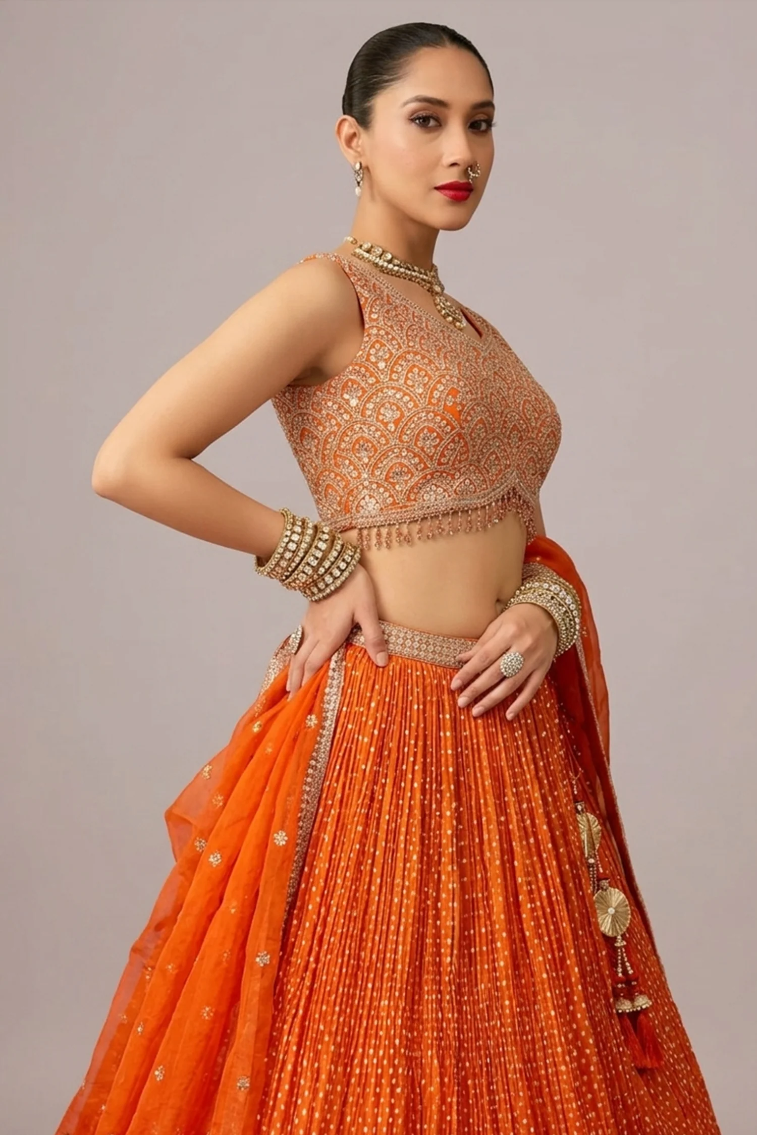 Orange Chinon Woven Butti Pleated Lehenga with Sequin Embroidery Work - Image 2
