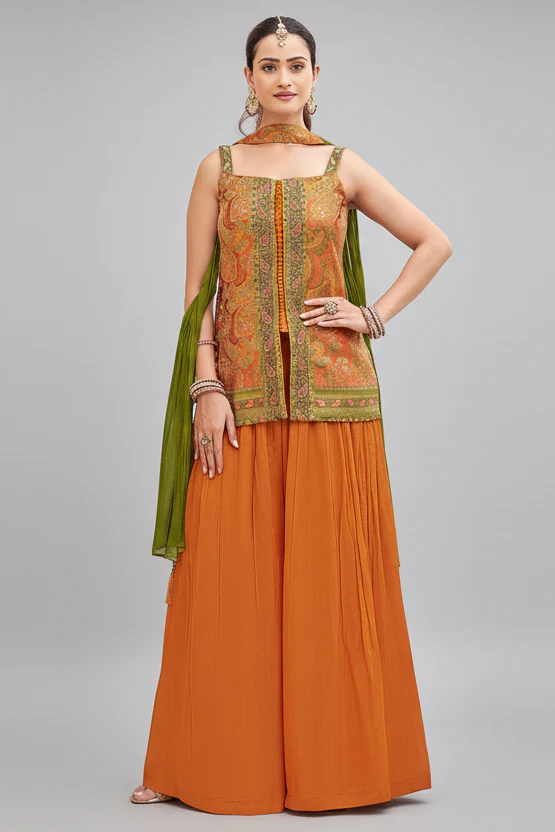 Orange Chinon Woven Palazzo Suit