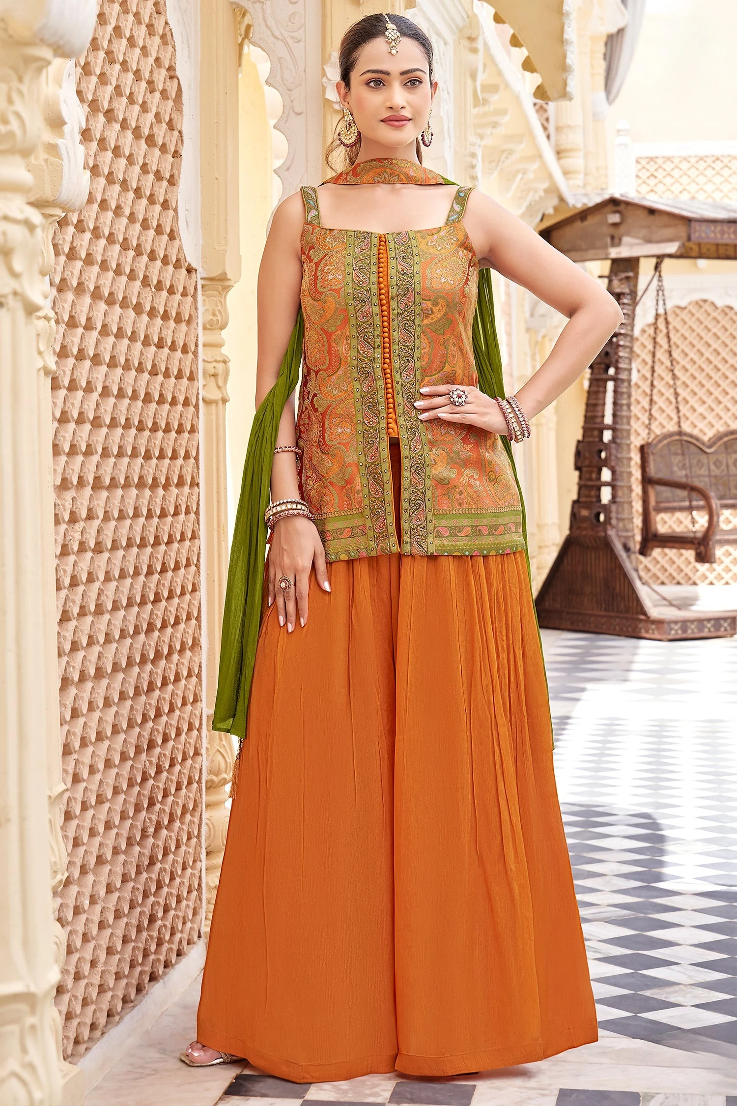 Orange Chinon Woven Palazzo Suit - Image 3