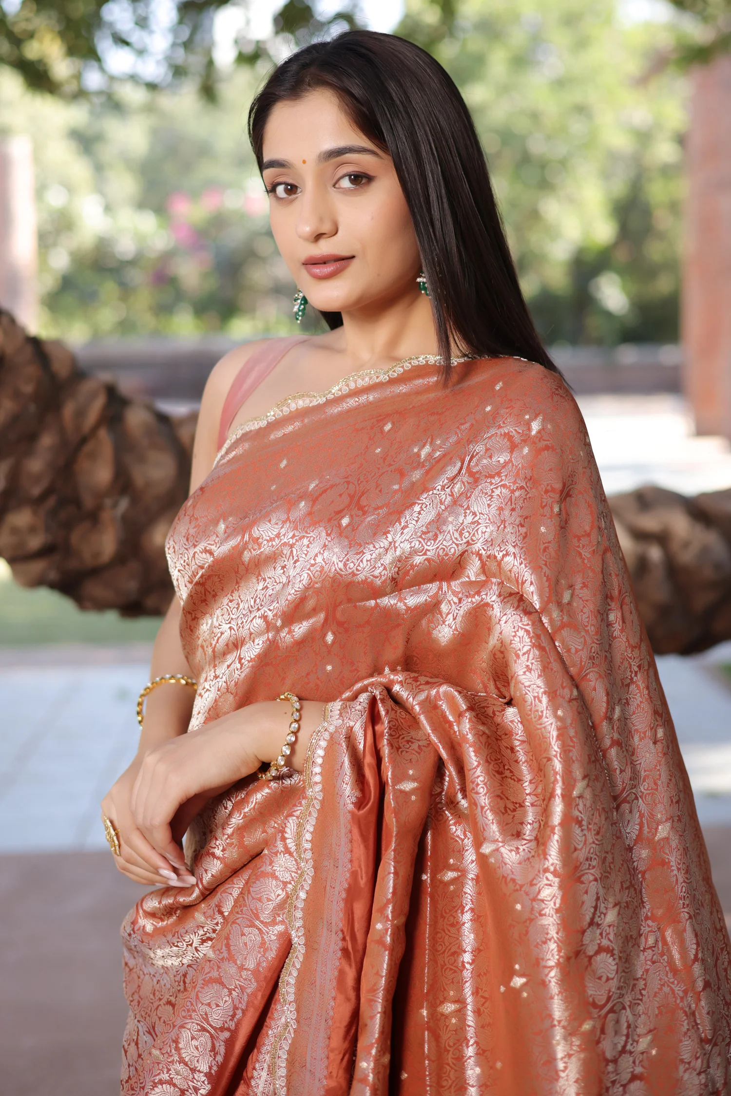 Orange Dola Silk Weaving Scallop Border Saree with Sequin Embroidered Butta - Image 5