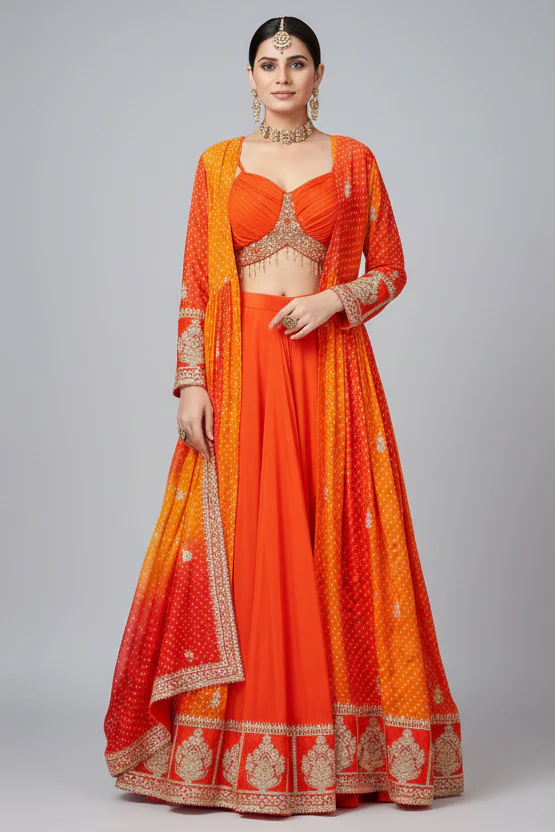 Orange Georgette Crop Top Palazzo Set with Printed Jacket