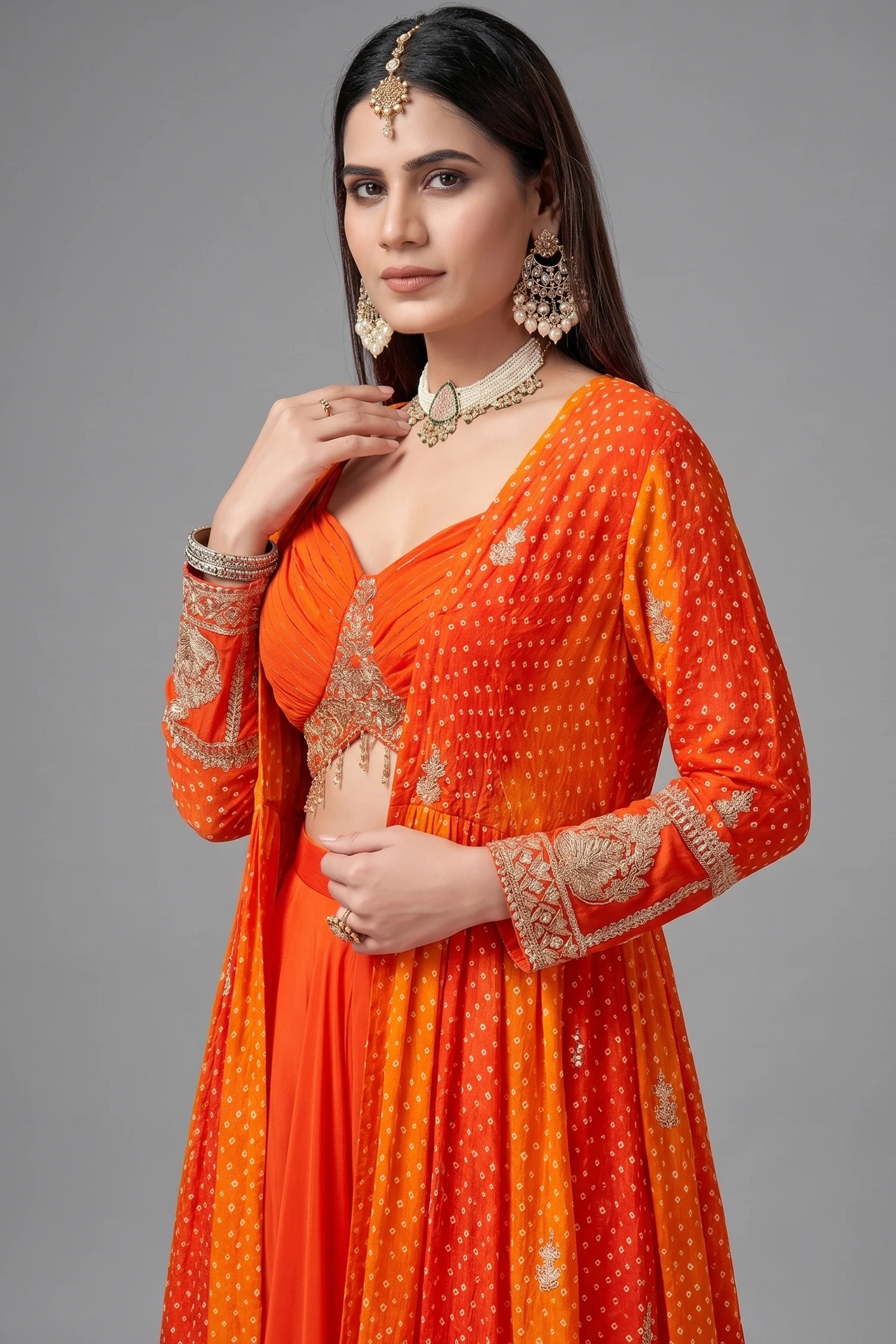 Orange Georgette Crop Top Palazzo Set with Printed Jacket - Image 2