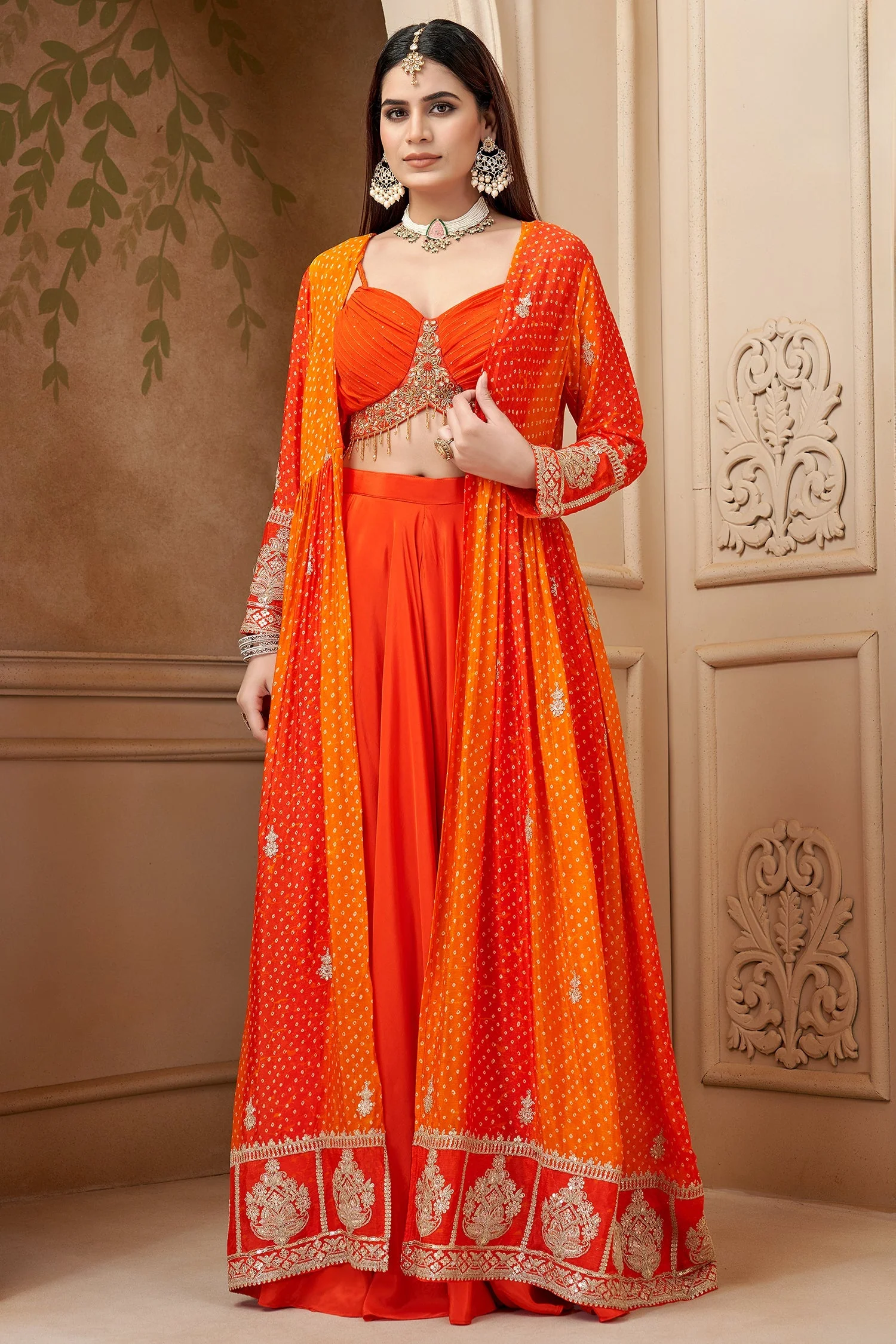 Orange Georgette Crop Top Palazzo Set with Printed Jacket - Image 3