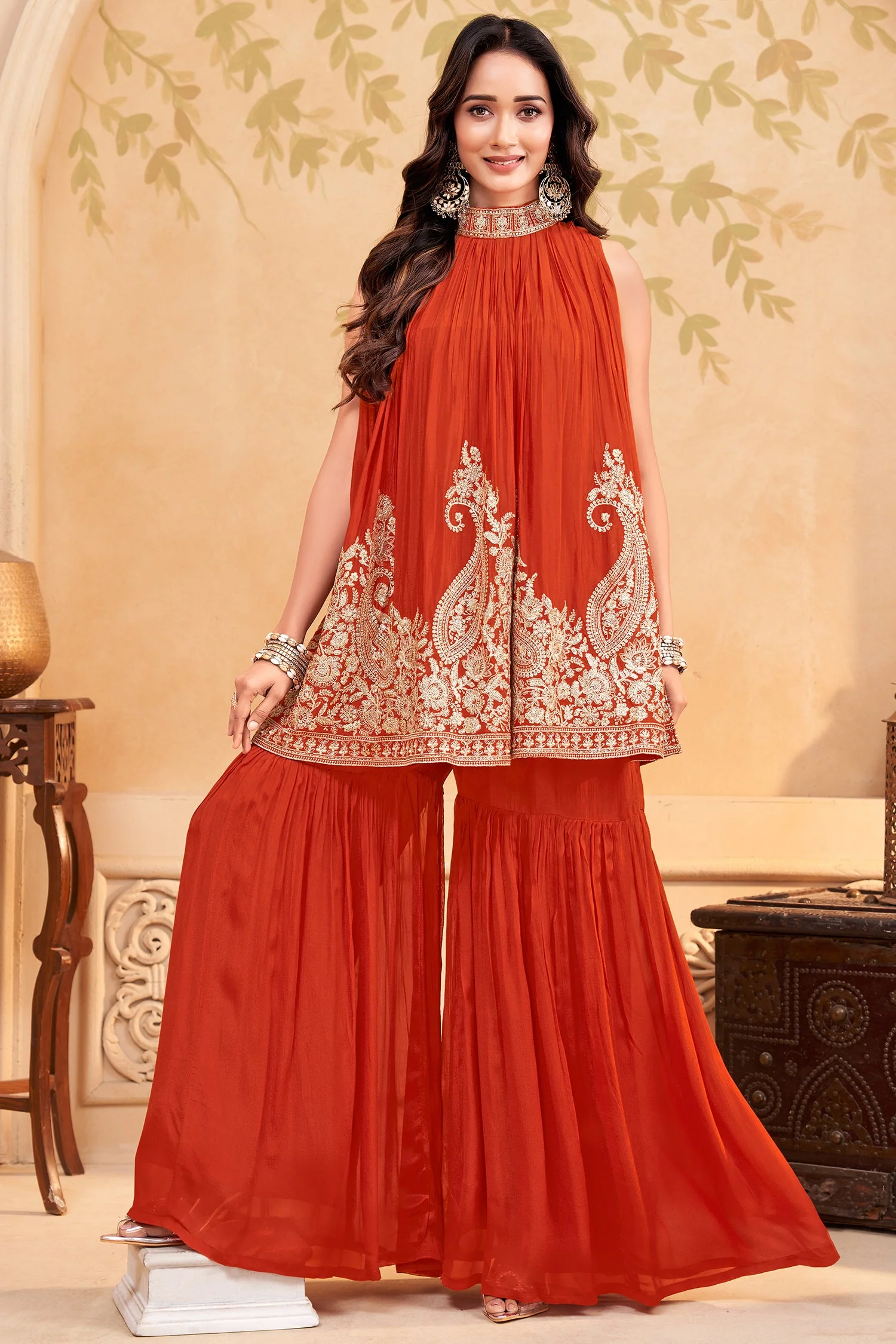 Orange Georgette High Neck Sequin Embroidered Sharara Set - Image 3