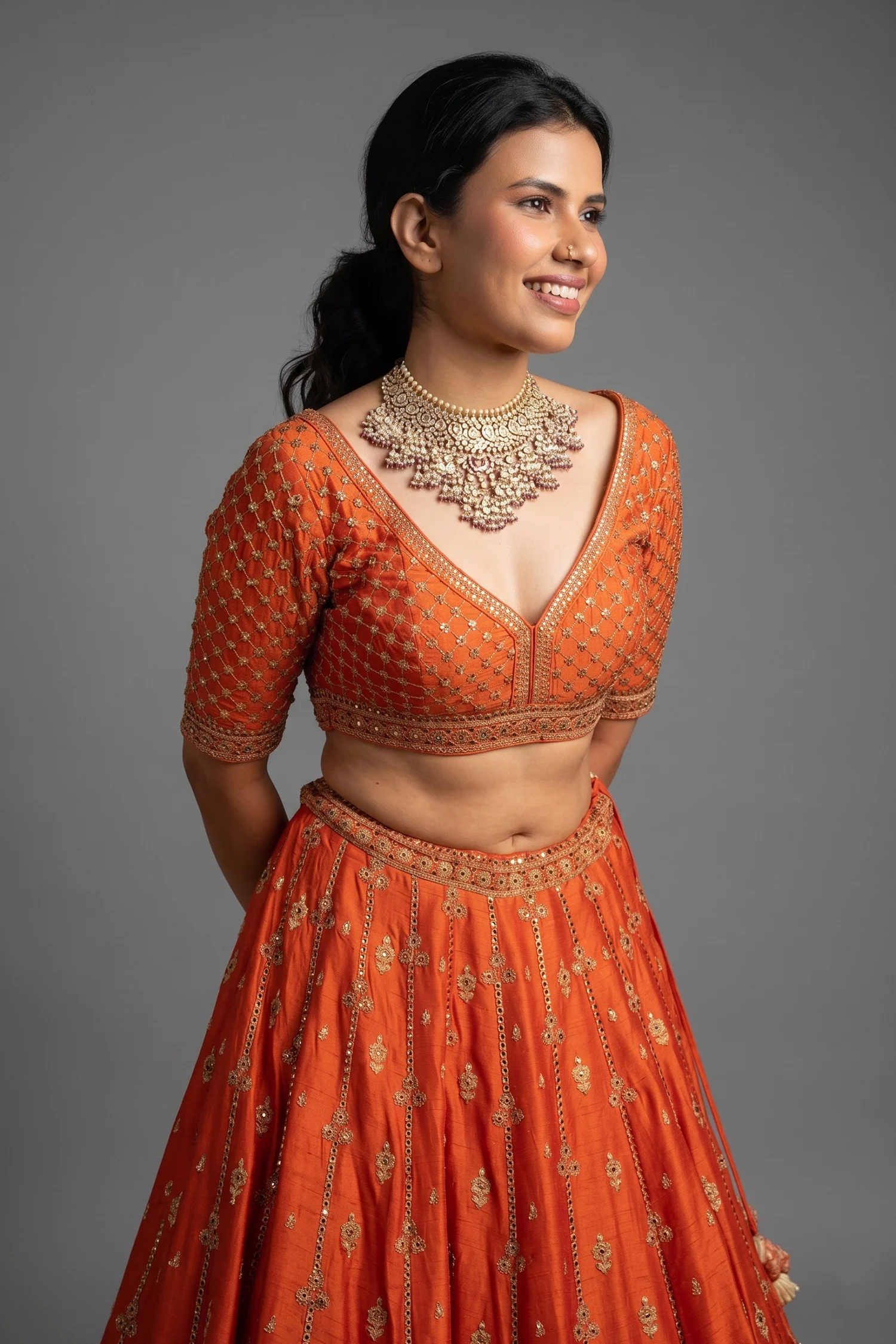 Orange Matka Silk Sequin Embroidered Lehenga - Image 2