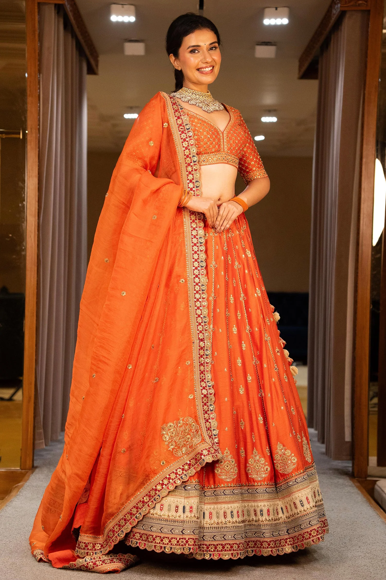 Orange Matka Silk Sequin Embroidered Lehenga - Image 3