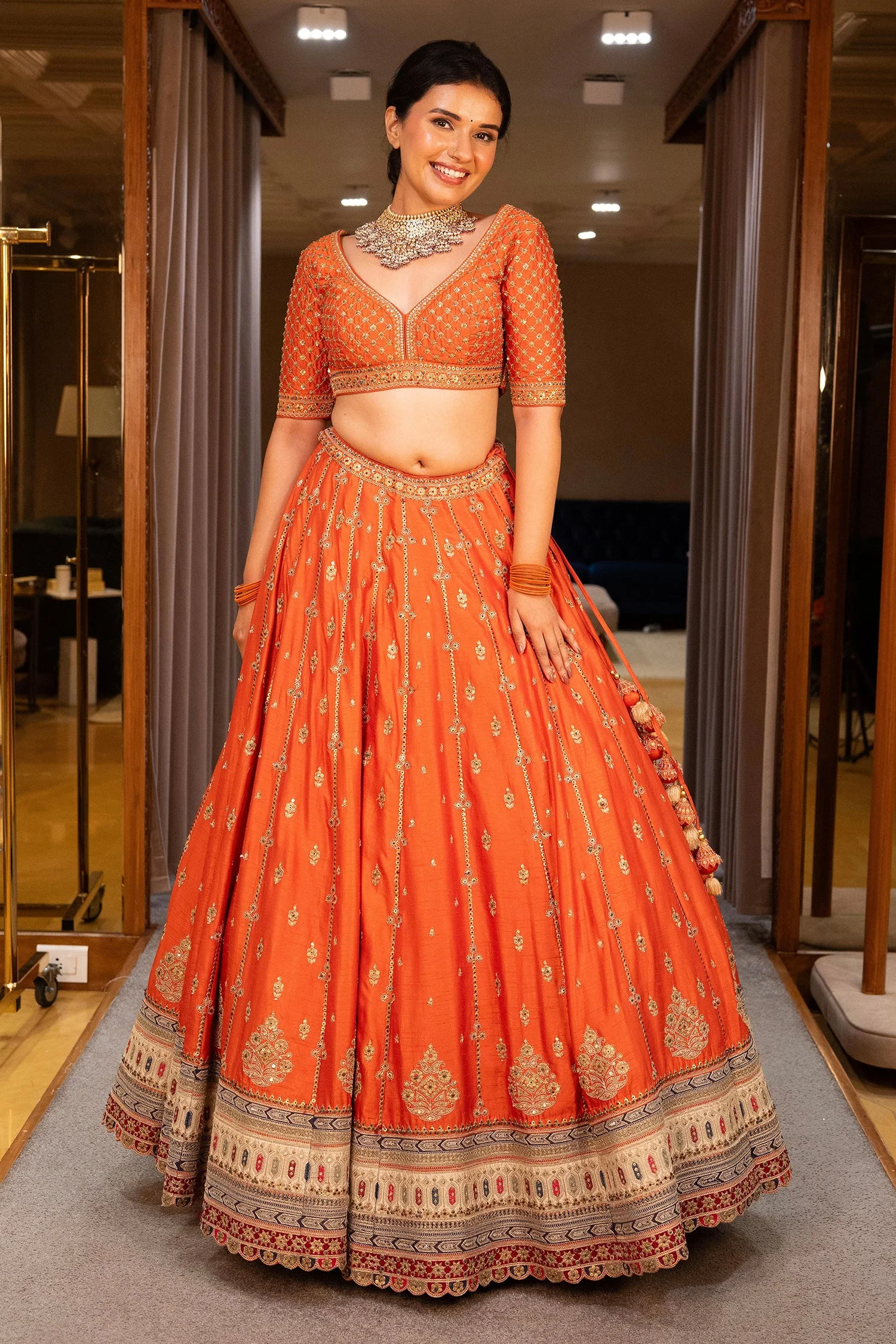 Orange Matka Silk Sequin Embroidered Lehenga - Image 4