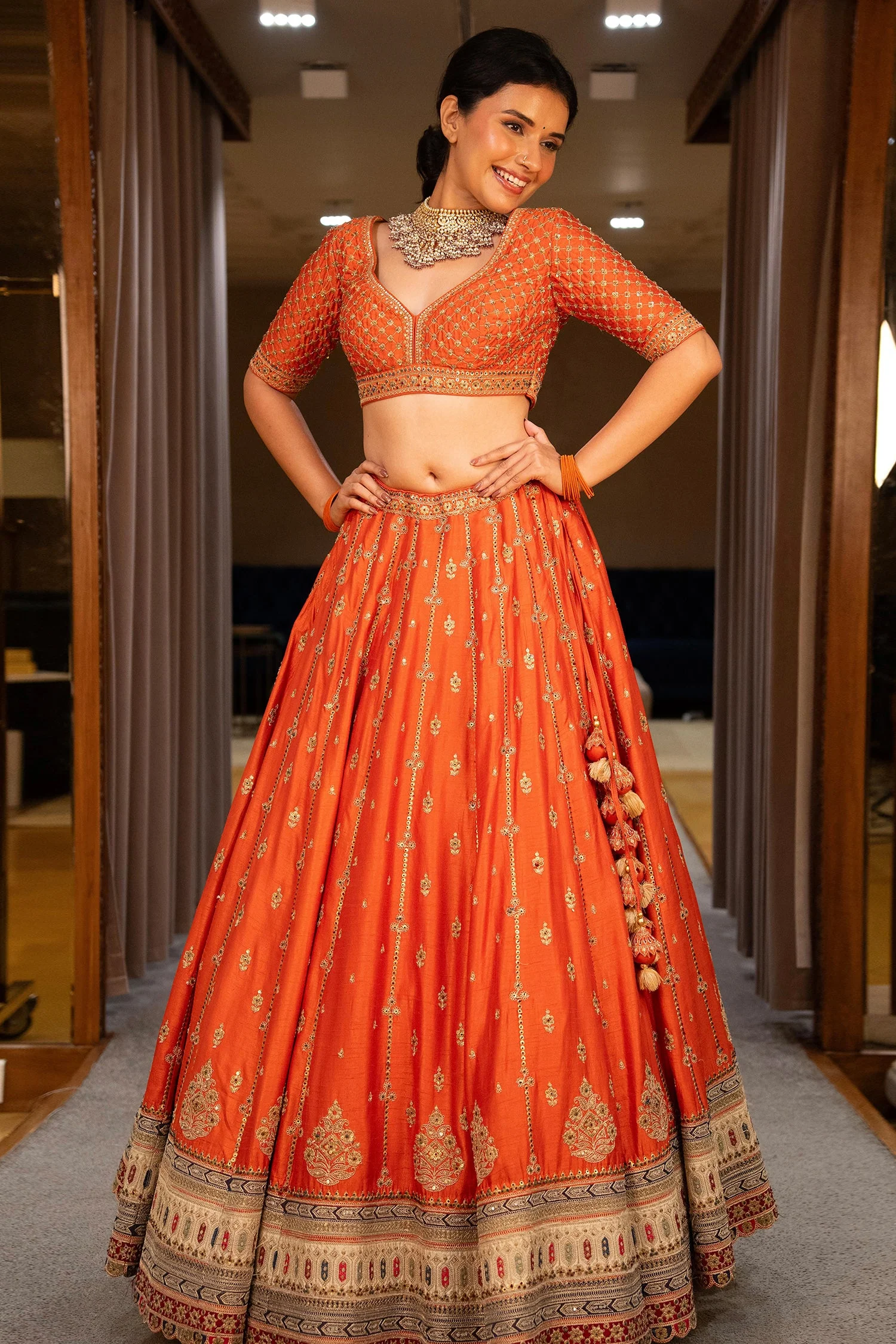 Orange Matka Silk Sequin Embroidered Lehenga - Image 5