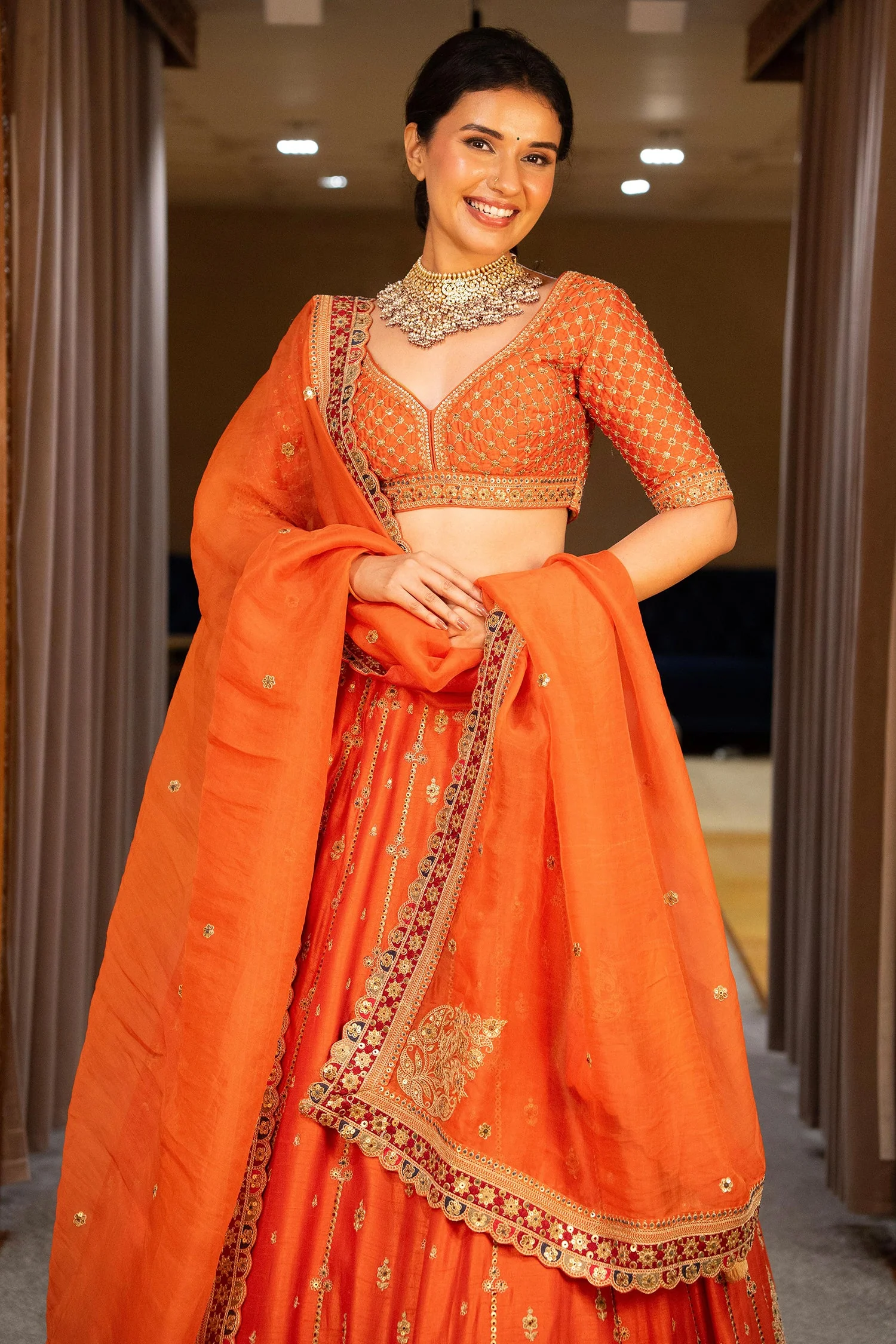 Orange Matka Silk Sequin Embroidered Lehenga - Image 6