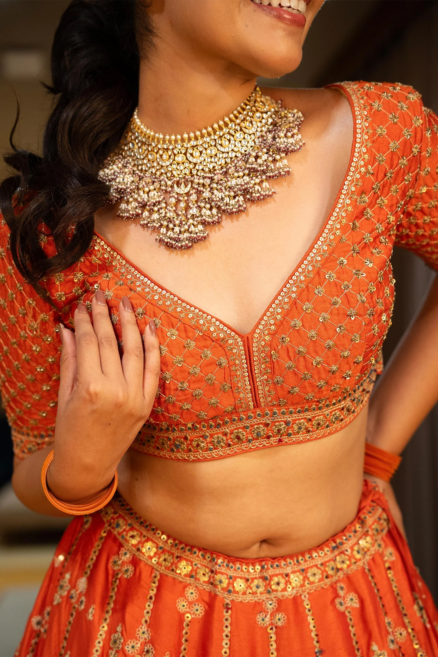 Orange Matka Silk Sequin Embroidered Lehenga - Image 8