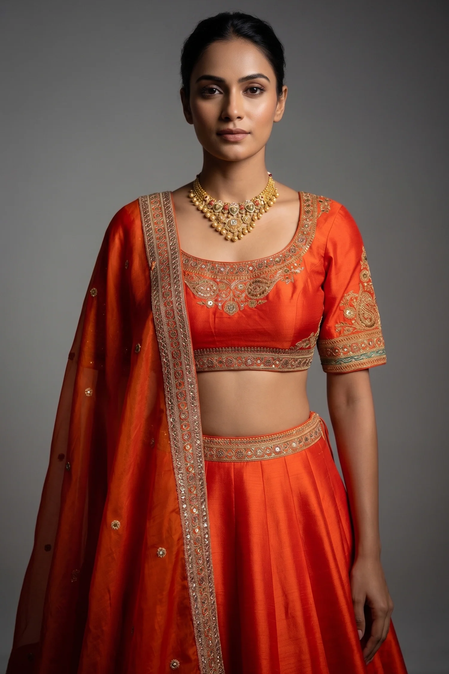Orange Matka Silk Sequins and Zardosi Worked Border Lehenga - Image 2
