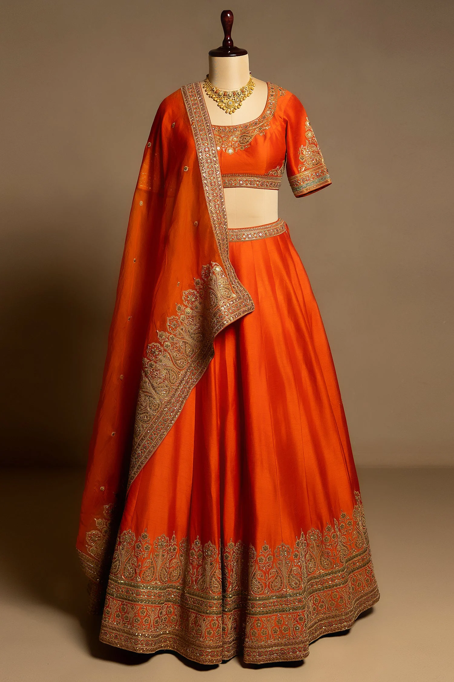 Orange Matka Silk Sequins and Zardosi Worked Border Lehenga - Image 3